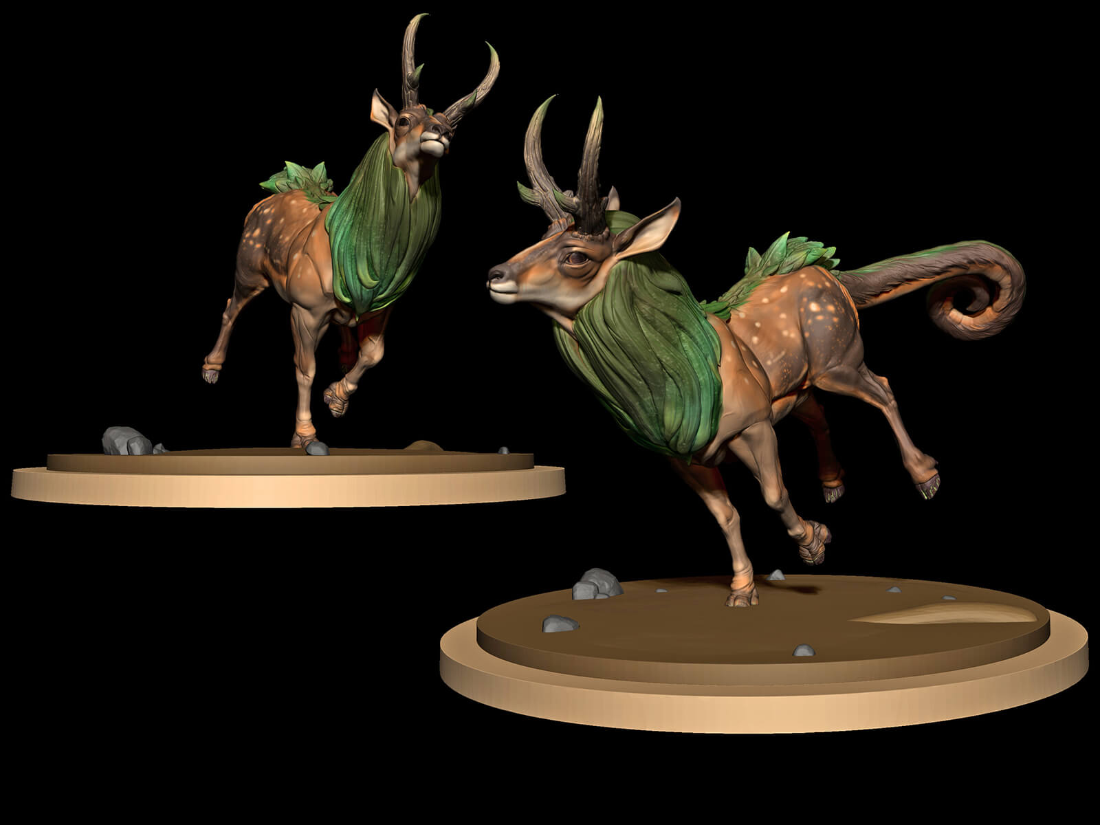 computer-generated 3D models of a deer-like creature with a green mane and long, thick tail in mid-run