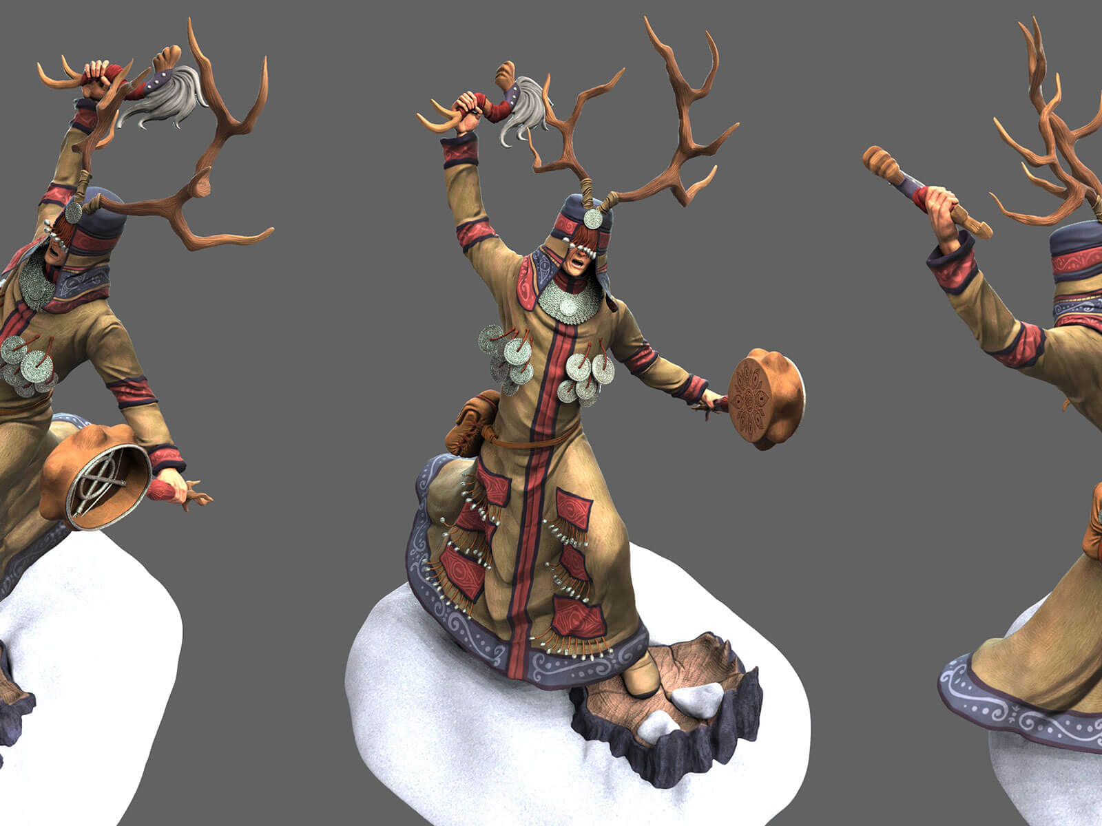 Three views of a shaman about to strike a handheld animal-skin drum wearing a brown frock and antlered headdress.