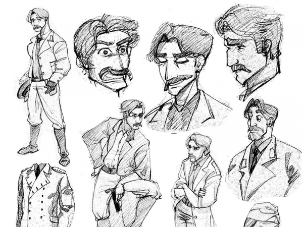 black and white drawings of a mustachioed man in a long overcoat in various poses