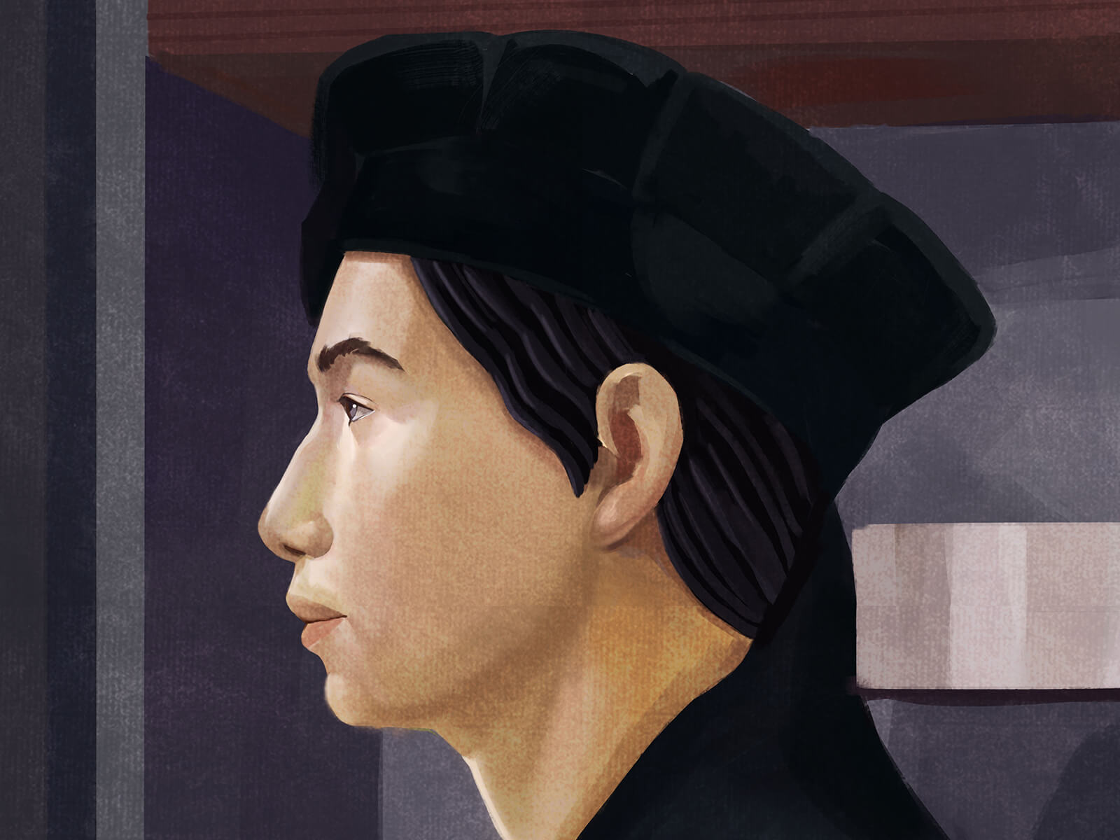 traditional painting of an asian man in profile in front of a bookcase