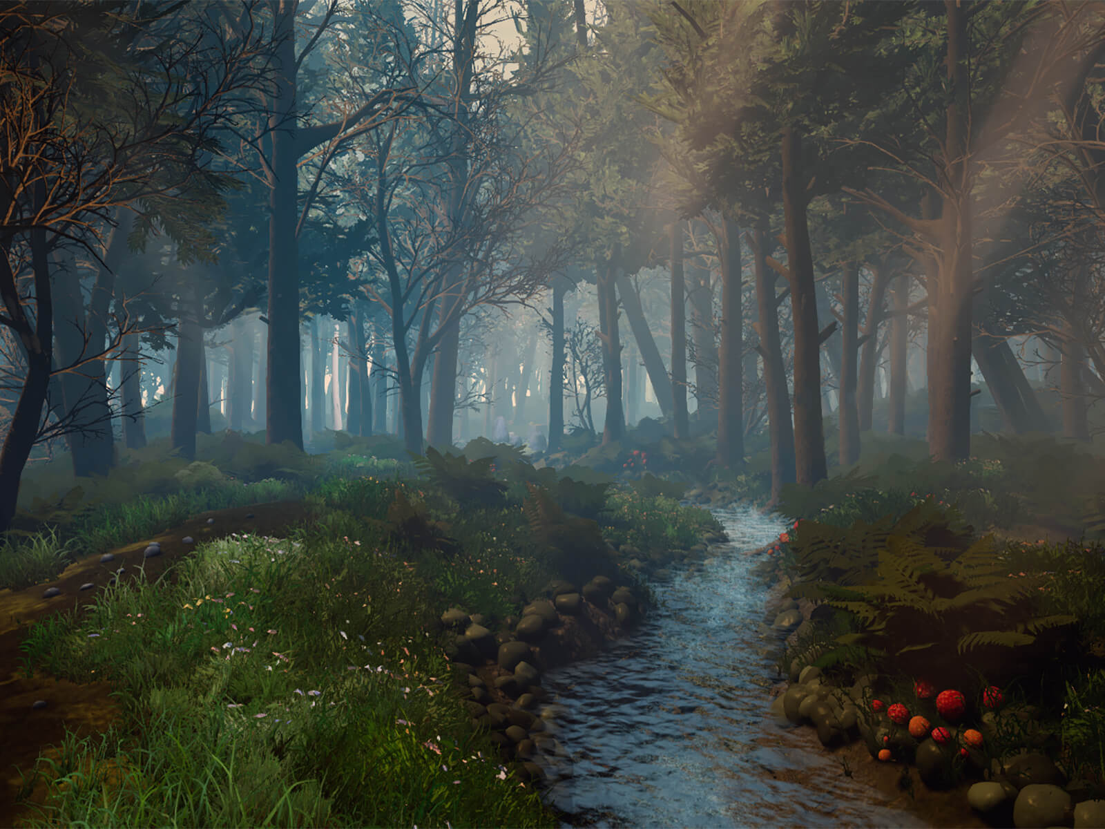 computer-generated forest 3D environment with a stream and sun rays piercing the tree canopy
