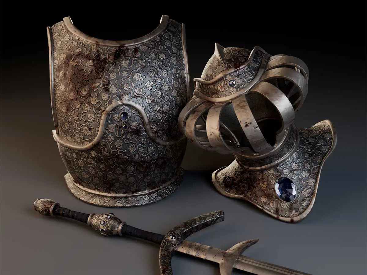 A chest plate, helmet, and sword from the renaissance.