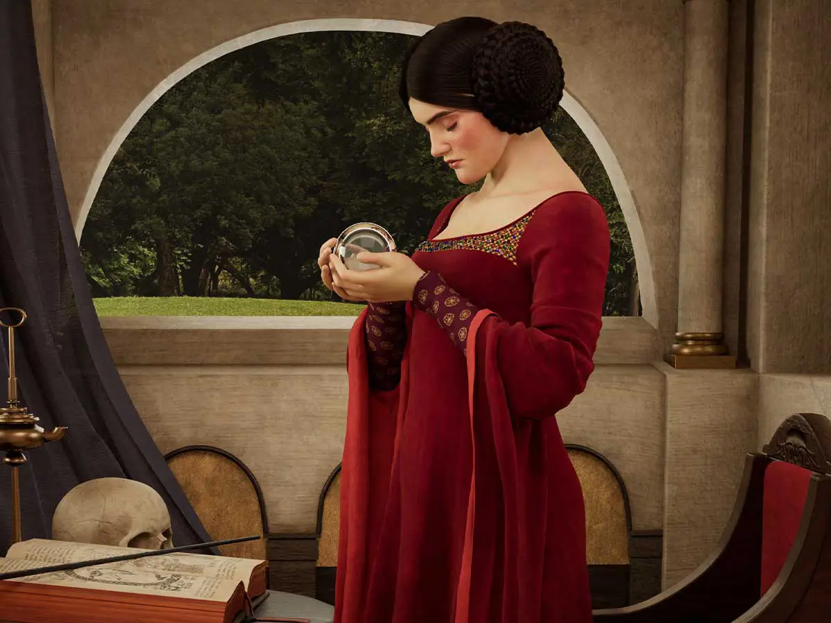 A woman from the renaissance holds a crystal ball.