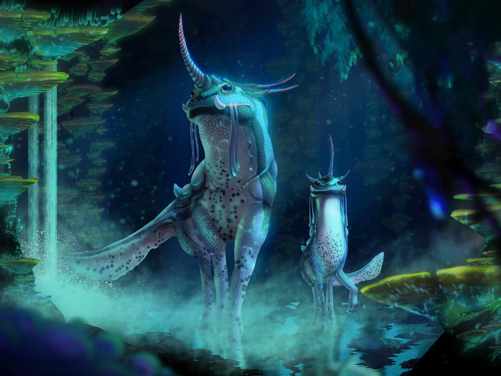 computer-generated 3D models of two unicorn-lizard hybrid animals in a mystical blue and green forest