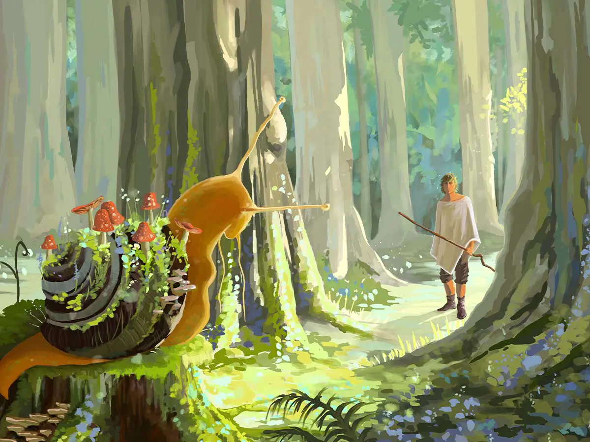 A painting of a person discovering a large snail.