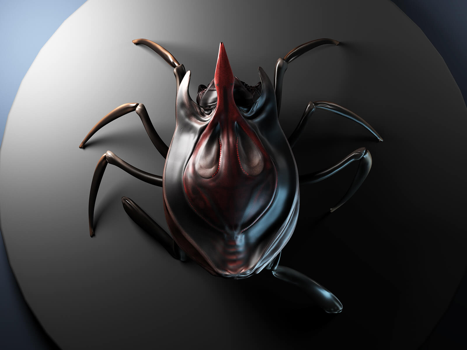 computer-generated 3D model of a 8-legged bug with a shiny, hard carapace