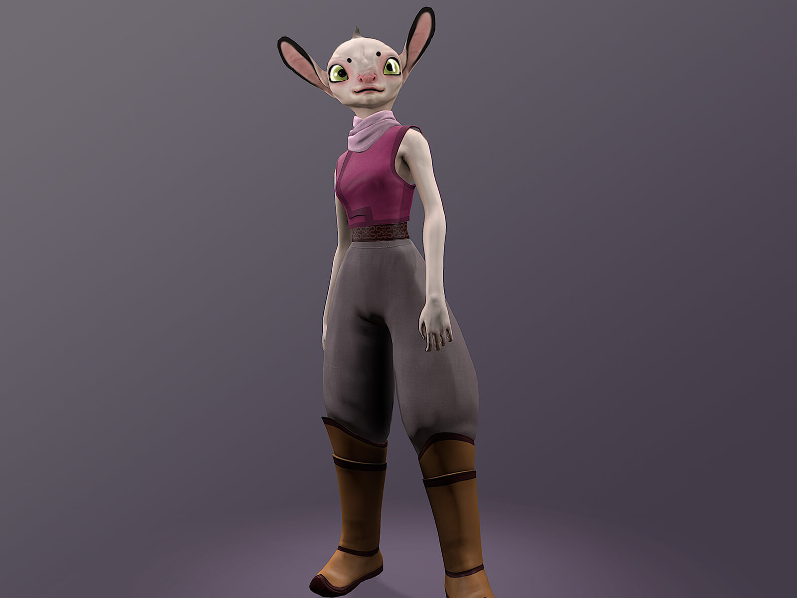 computer-generated 3D model of a character with a human body and vaguely cat-like face, with big ears and eyes