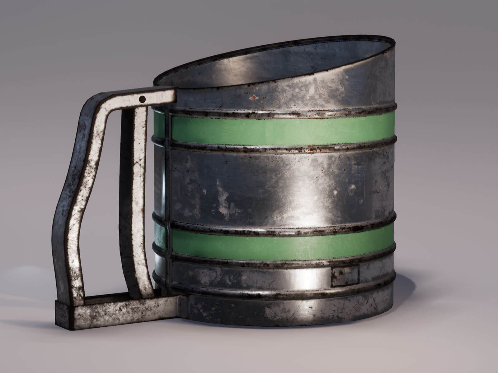 A makeshift, naked-metal mug with green trimming is pockmarked with rust and other wearing.