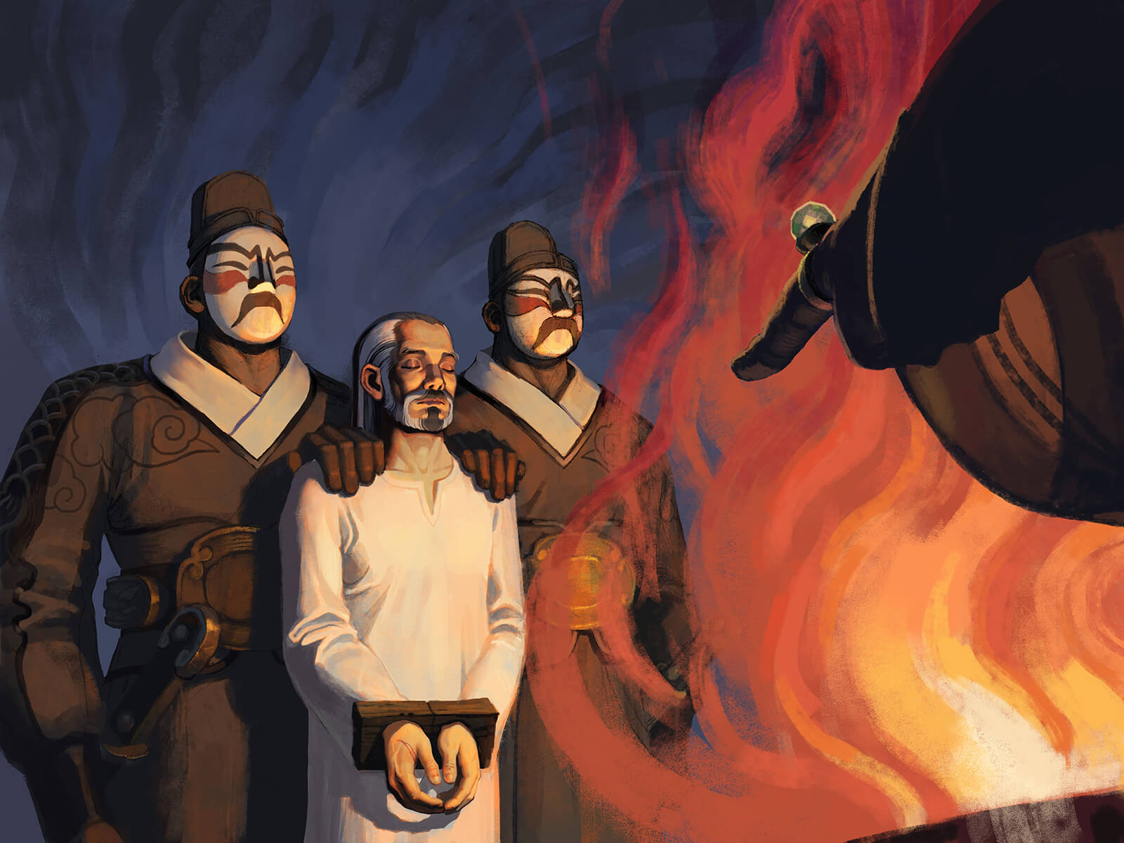 digital painting of a man in a white robe with his hands in cuffs guarded by two soldiers in front of a billowing fire