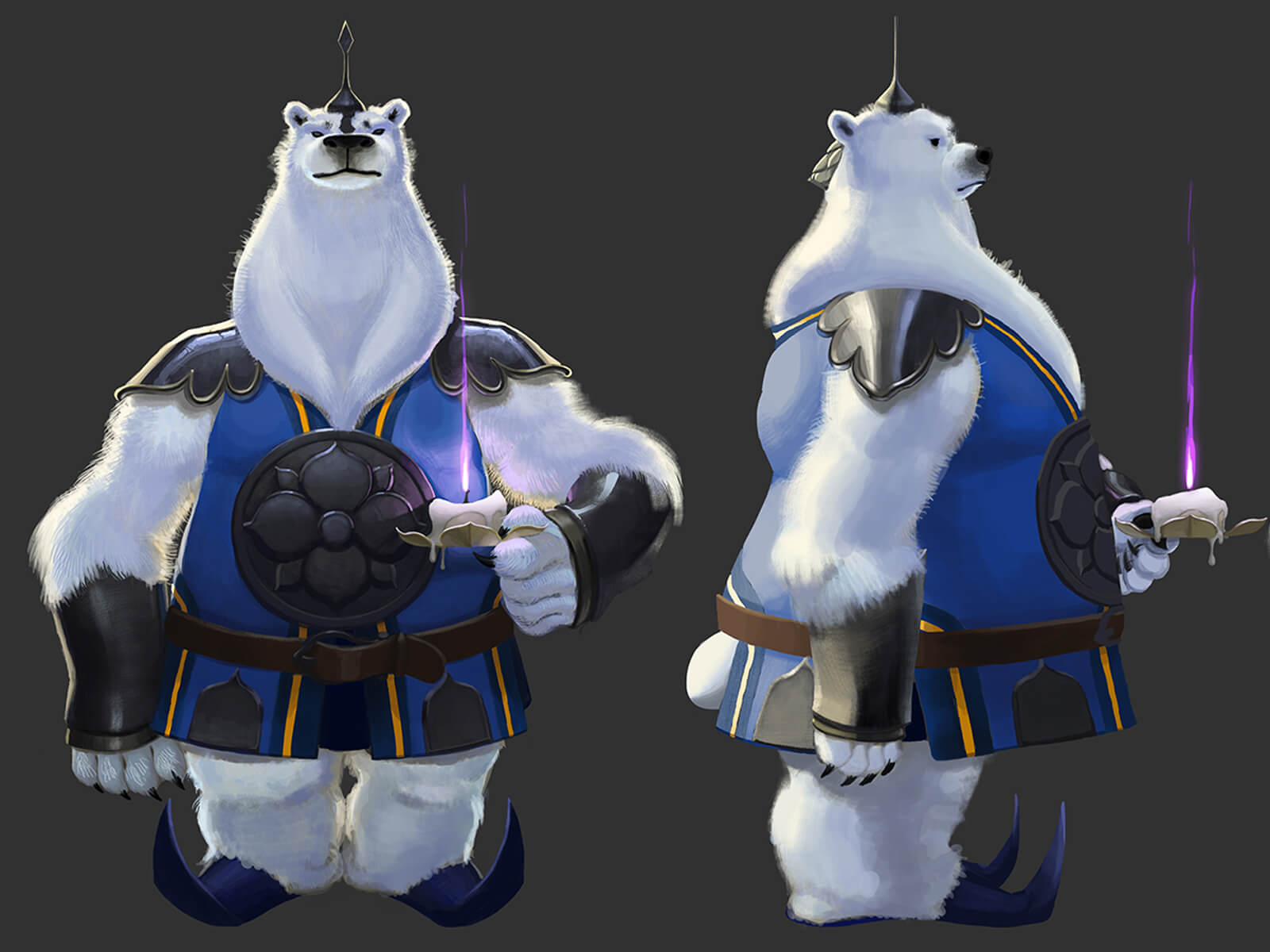 digital painting of a polar bear character standing upright in a soldier's uniform carrying a lit candle