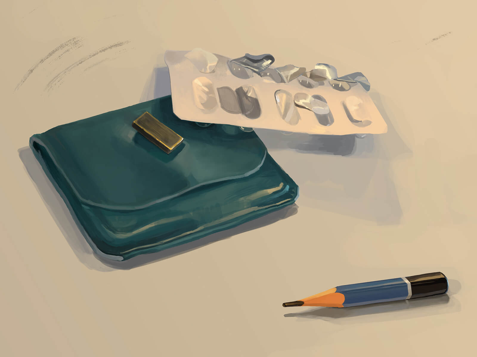 still-life traditional painting of a green wallet, a blister pack of pills, and a short pencil