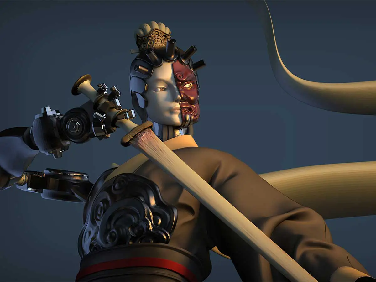 A 3D model of a samurai cyborg hybrid with a tail.