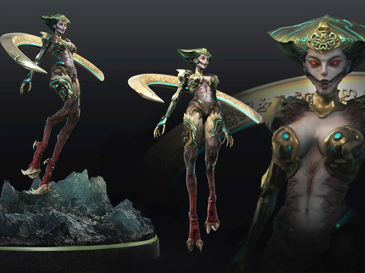 A 3D model of a fantasy deity-like woman.