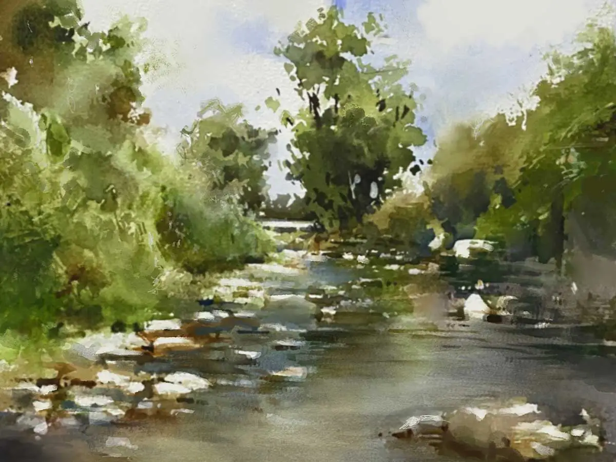 A painting of a stream surrounded by trees.