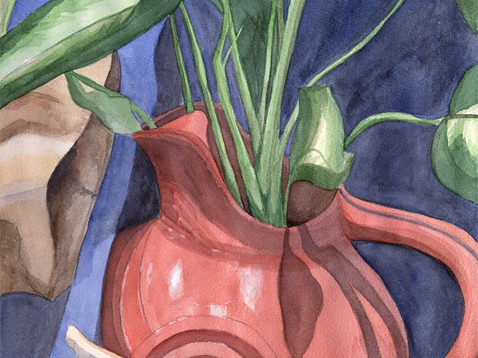 still-life traditional painting of a red pitcher filled with greenery against a blue draped background