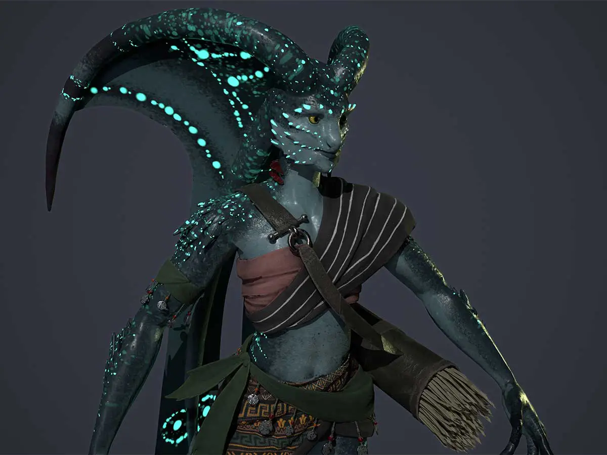 A 3D model of a tribal fantasy humanoid with luminescent skin.