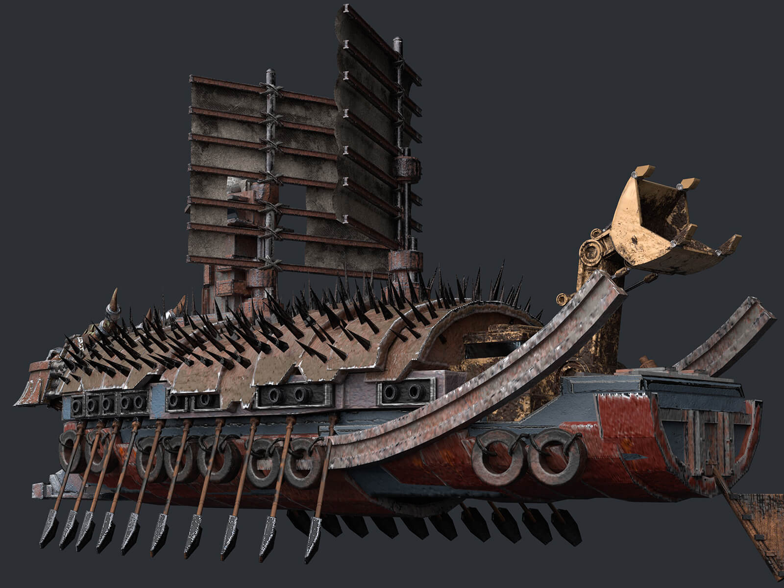computer-generated 3D model of a ship with 20 oars and spikes on its roof