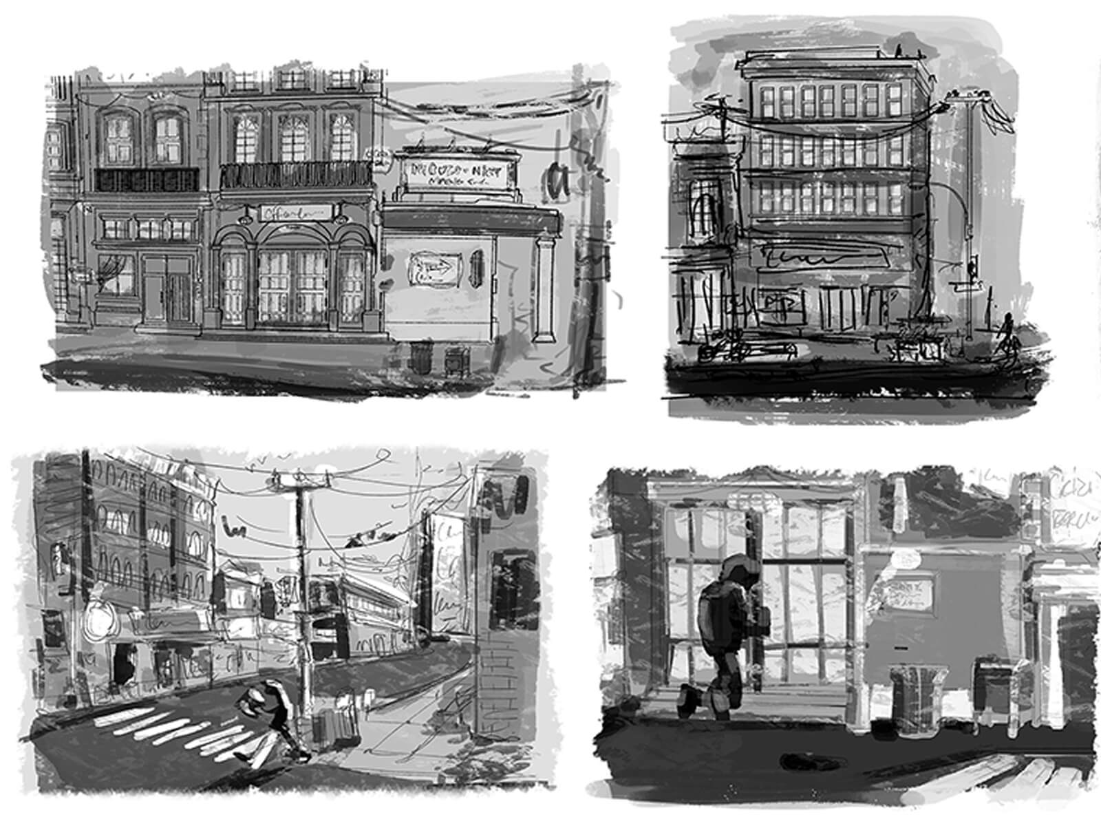 black and white drawings of various street scenes