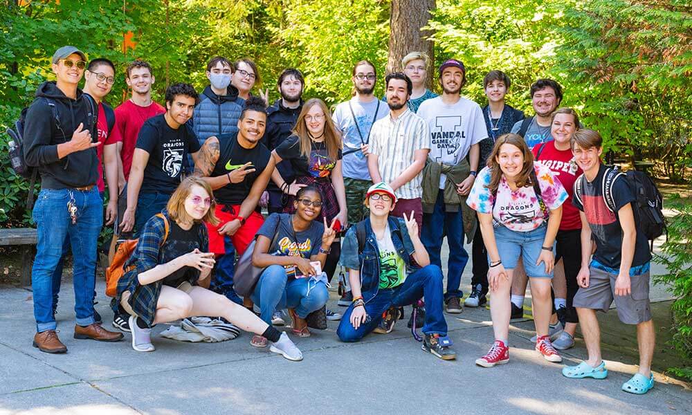 Group photo of students outside at Snoqualmie Falls