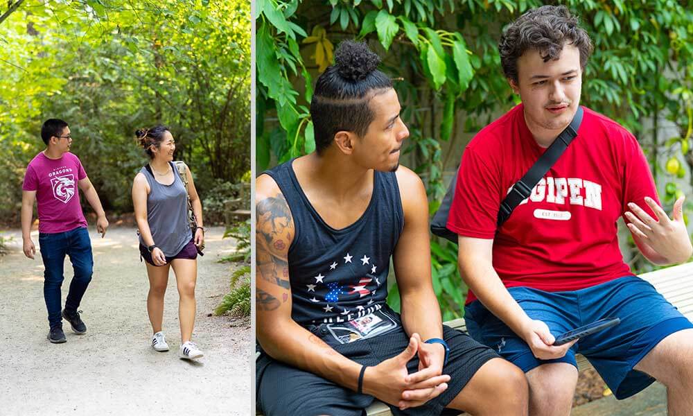 A two-fold photo with a male and female student on the left walking, and two male students sitting on the right