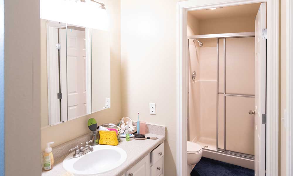 A bathroom sink and cabinets with a separate shower and toilet attached