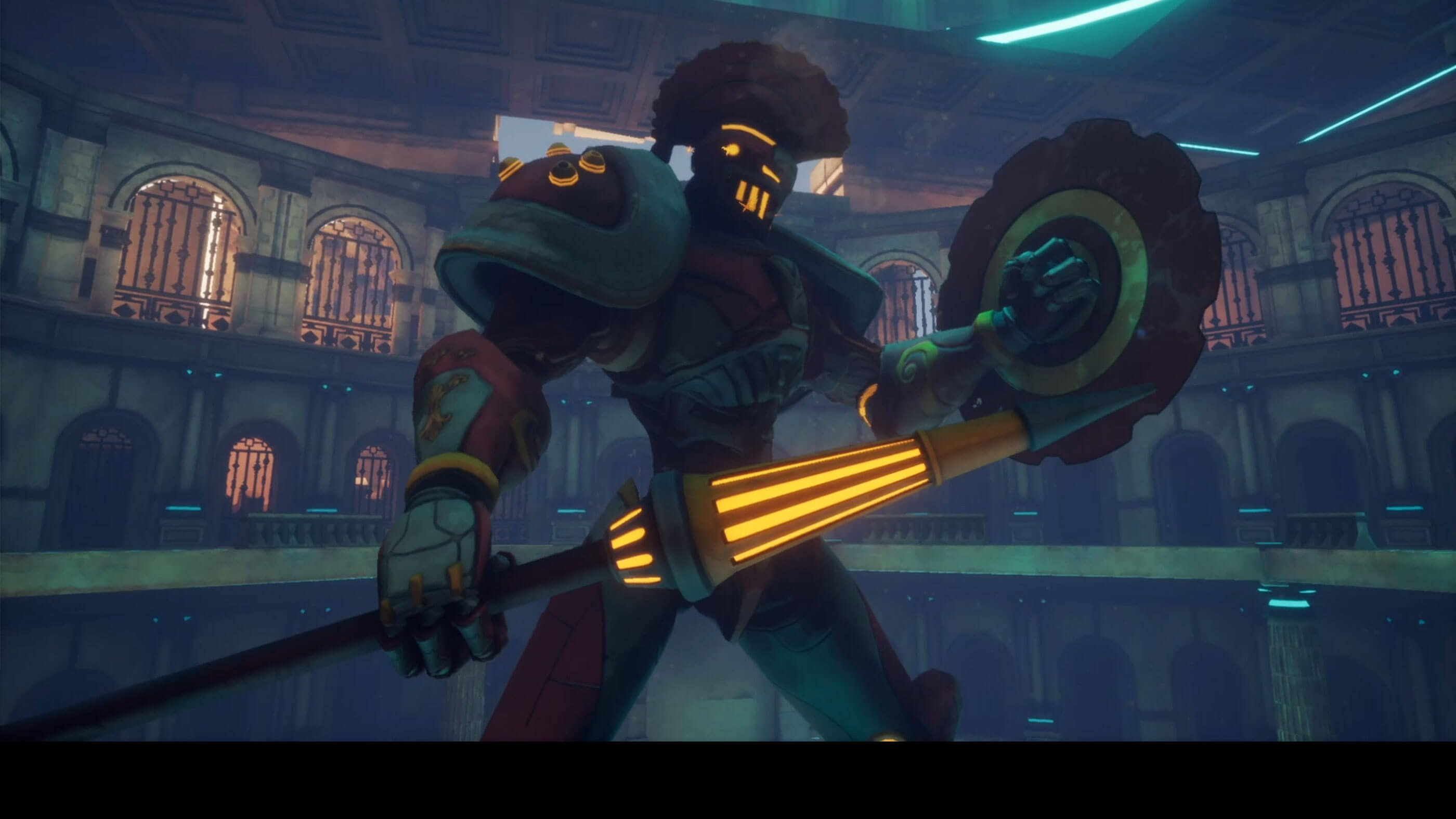 A huge sentient stone statue stands in a hall, holding a spear and shield ready for combat.