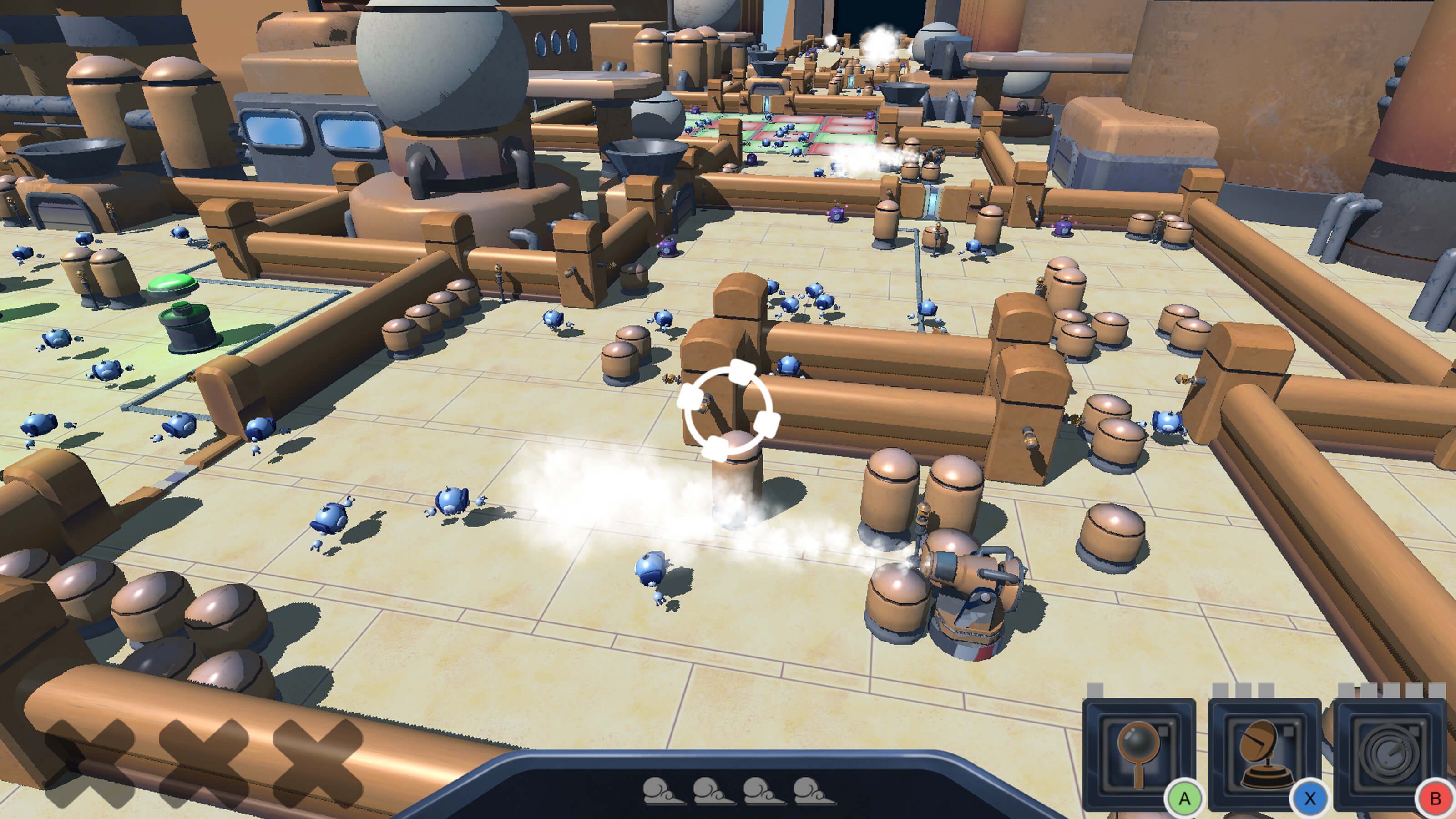 The airship floor covered in floating blue robot workers. 