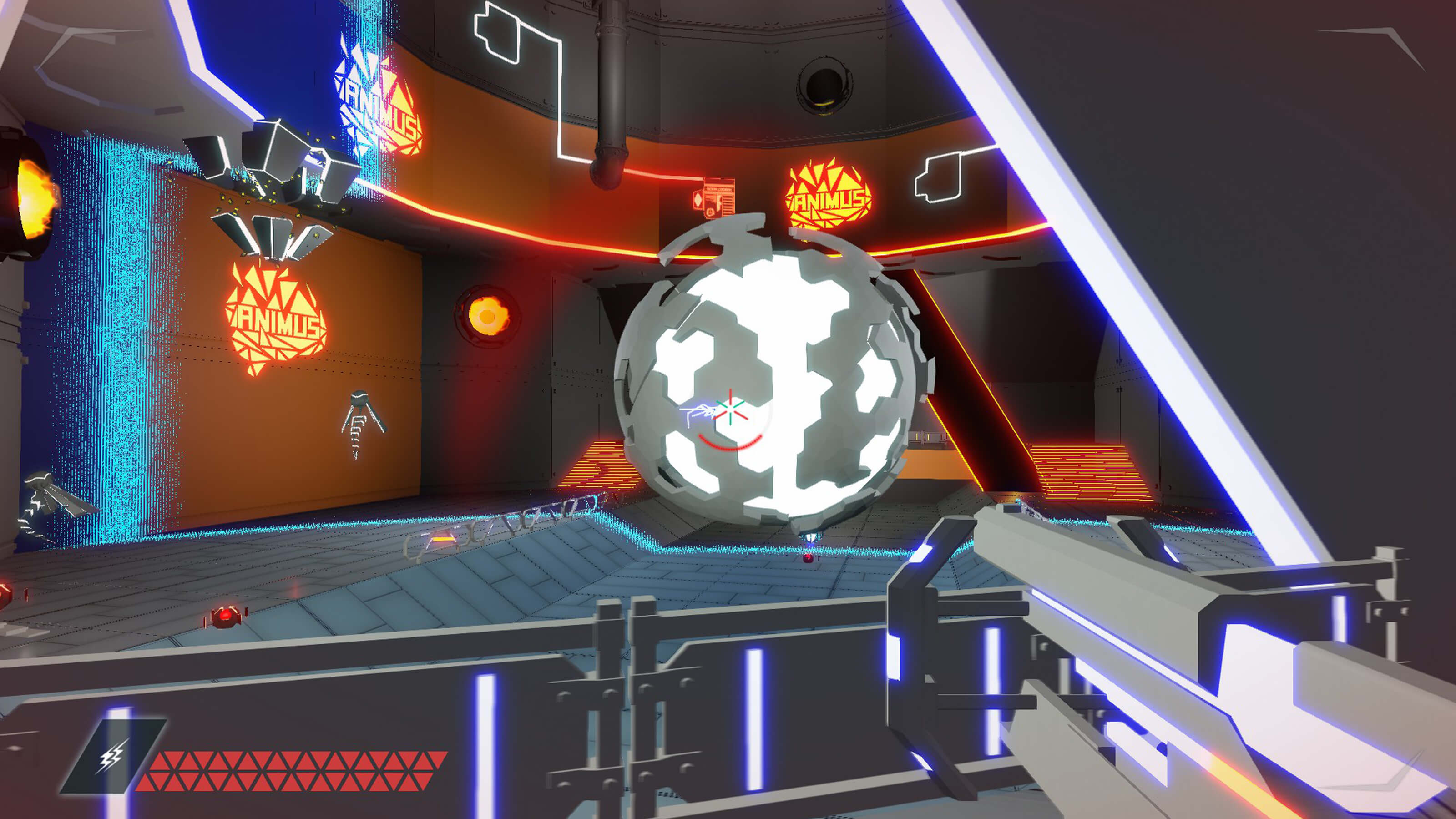 The player aims their gun at Animus Fault's central core, a glowing orb covered by geometric floating armor. 