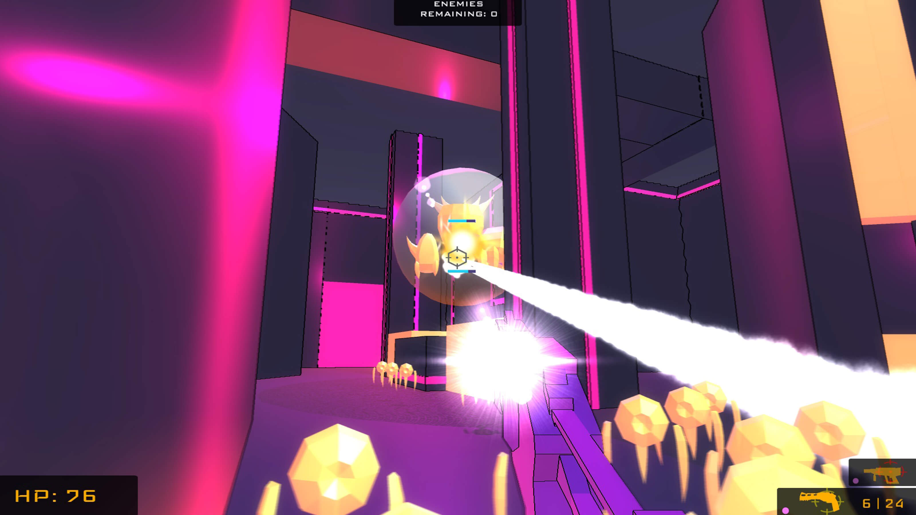 An anti-virus in a bubble shield shoots a glowing beam at the player, who fires back with a pink gun. 