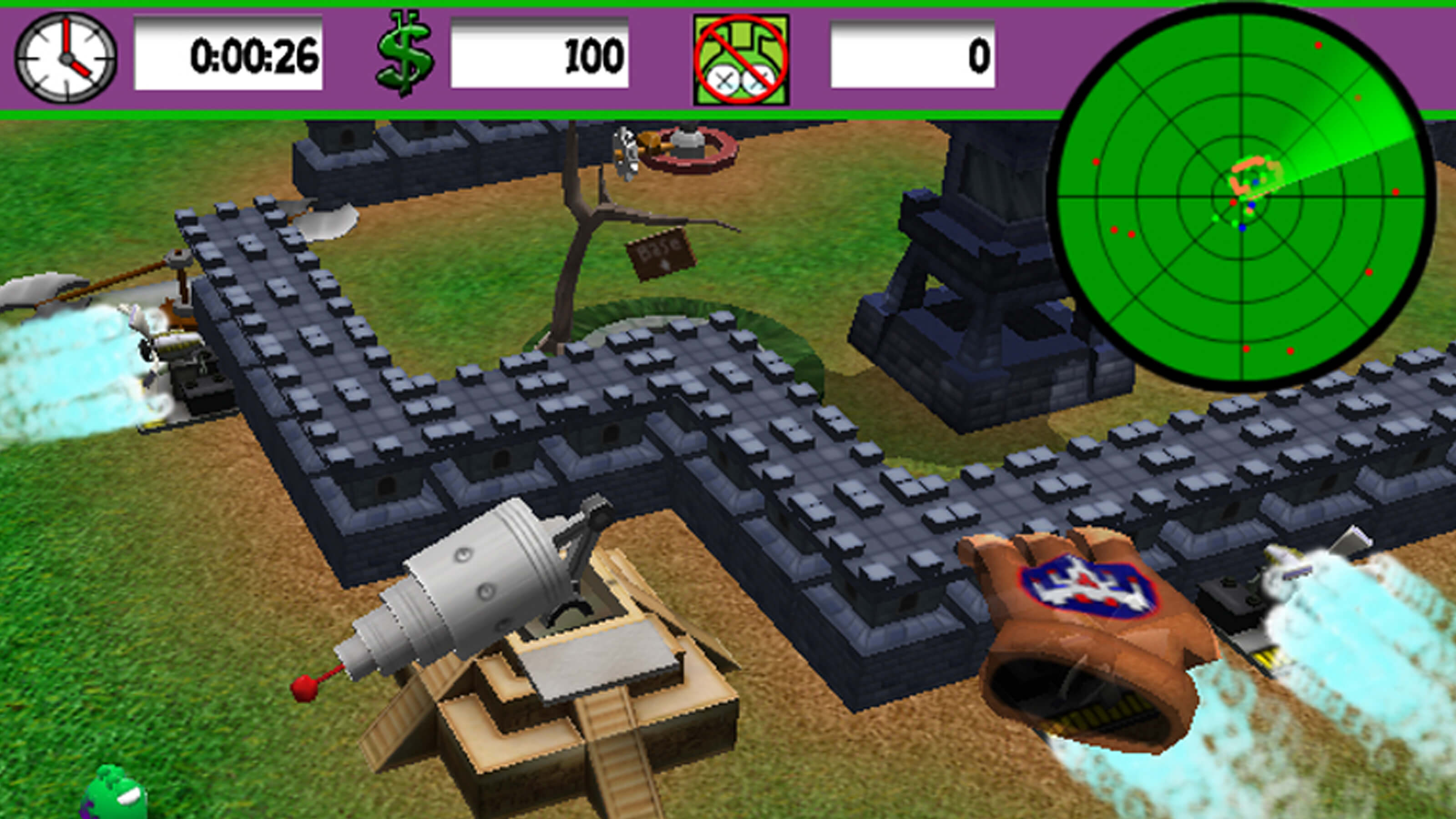 A ray gun atop a ziggurat sits next to a series of stone walls. 