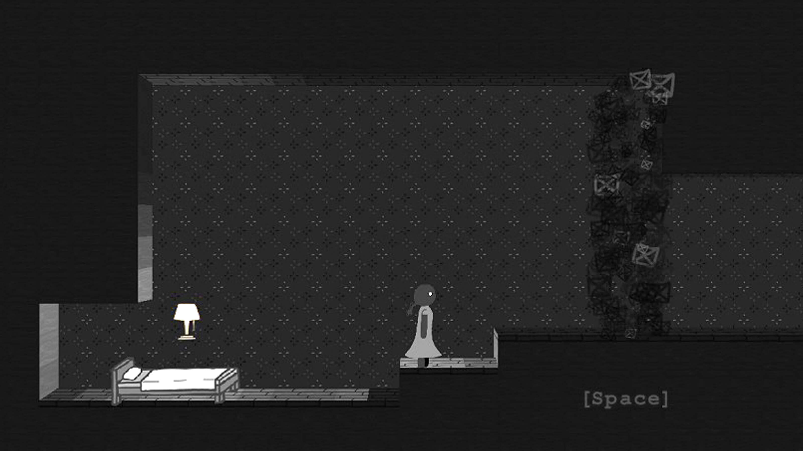 A girl stands in the middle of a creepy grey bedroom with a smoky black field blocking the way forward. 