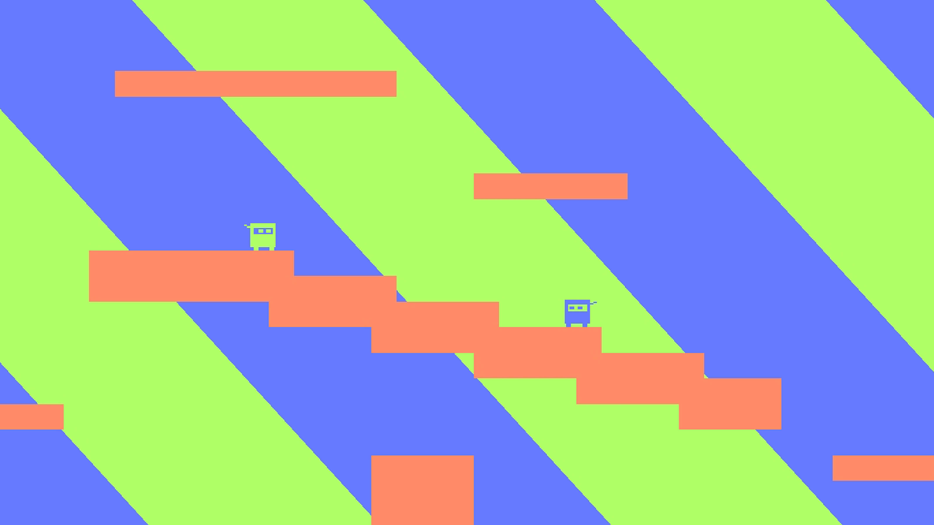 Two square green and blue ninjas face each other on a peach colored zig-zagging platform.