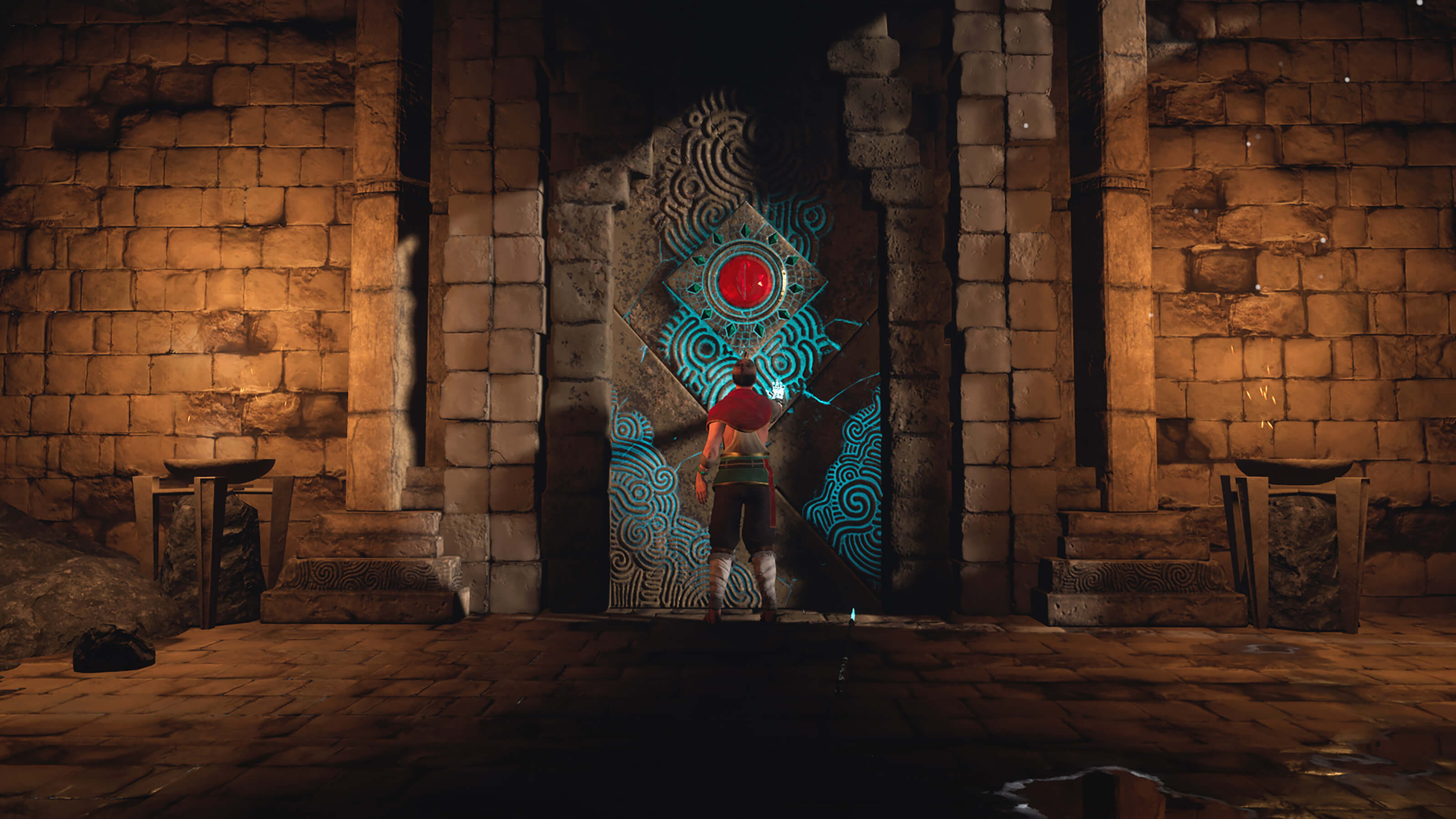 A man holds his palm against a glowing stone door.