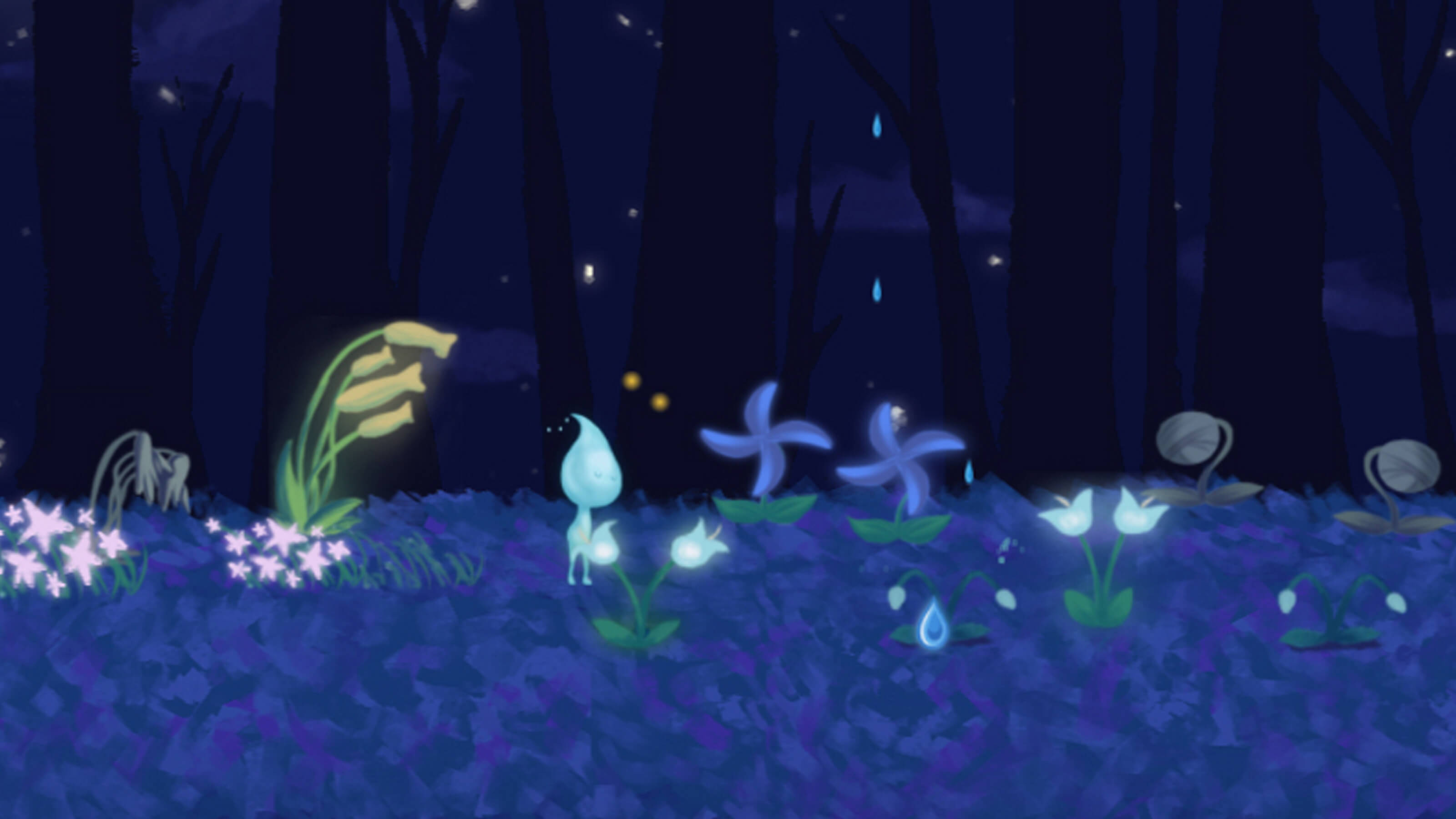 Douse, the raindrop main character of the game, walks among the flowers.