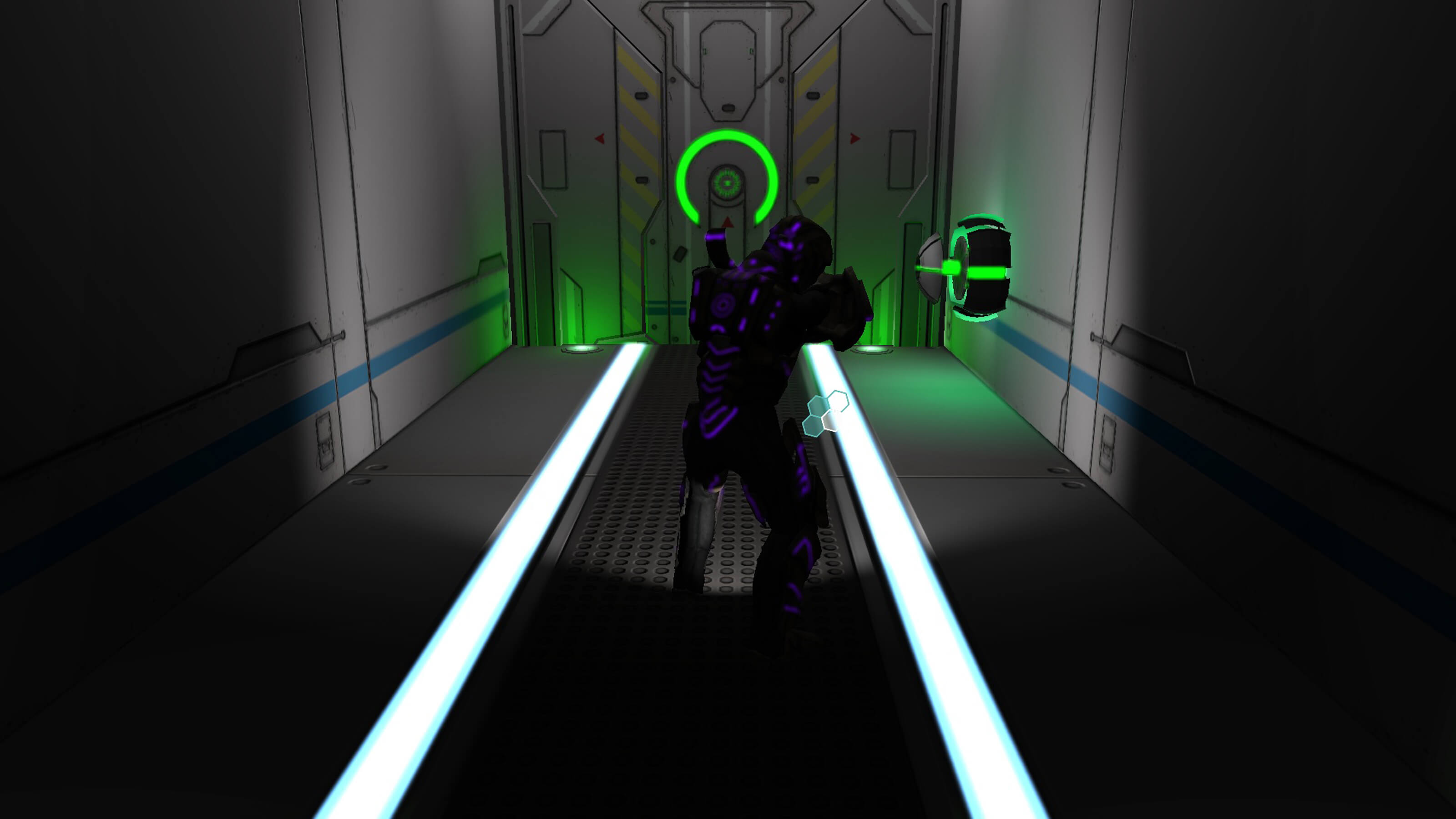 An alien impersonating a human soldier approaches a green blast door. 