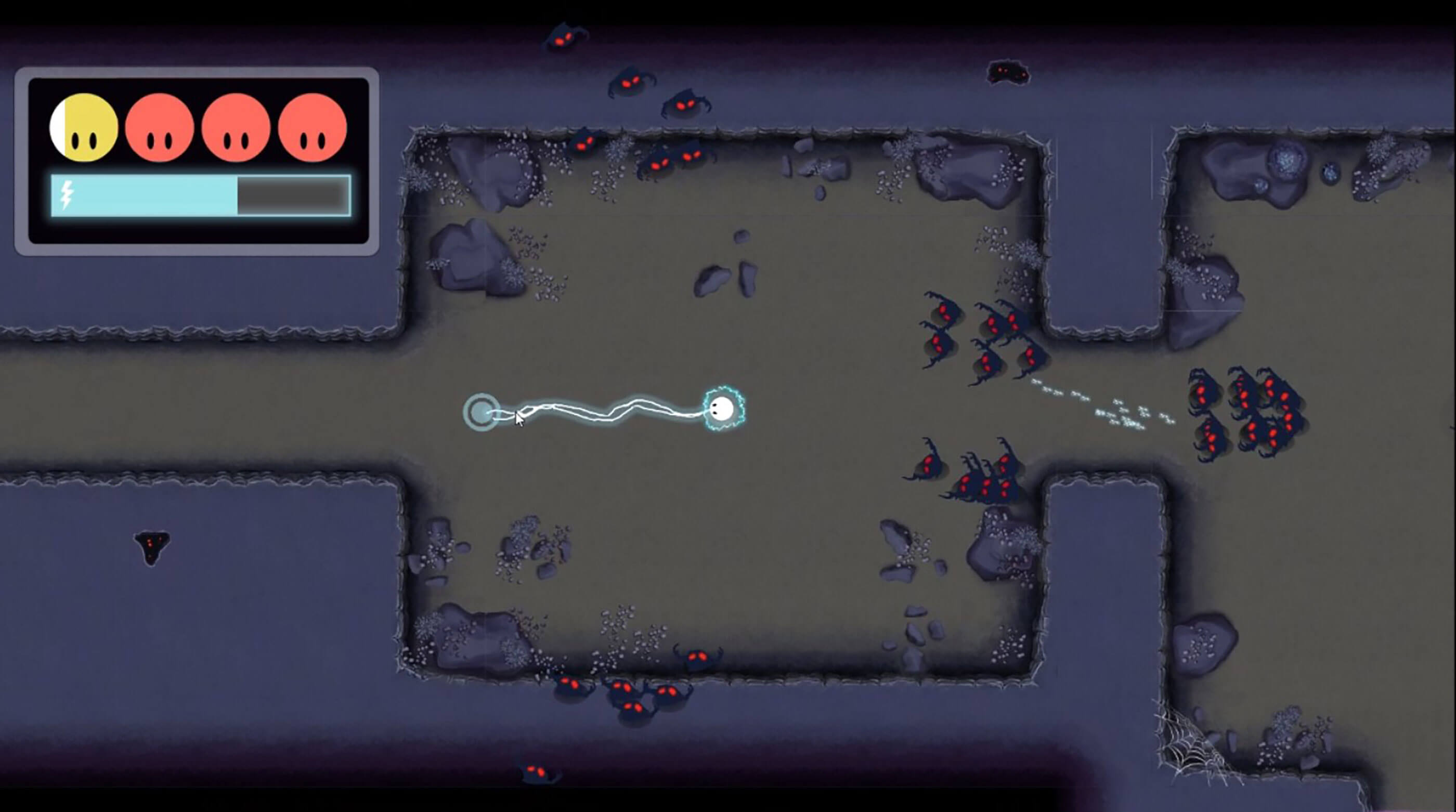 A white orb character surrounded by approaching enemies