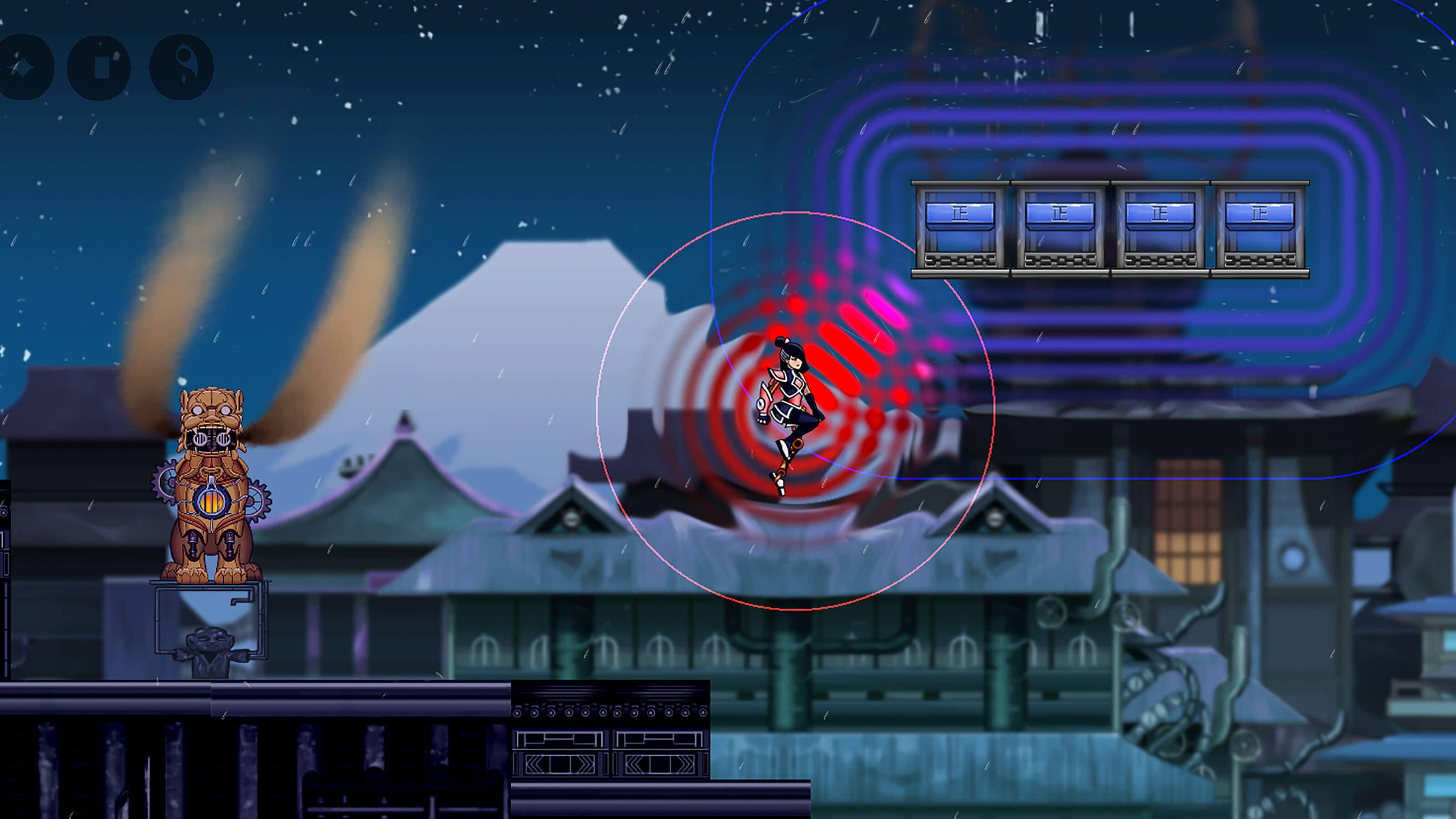 The game's half-automaton hero leaps through the air emanating red magnetic waves.