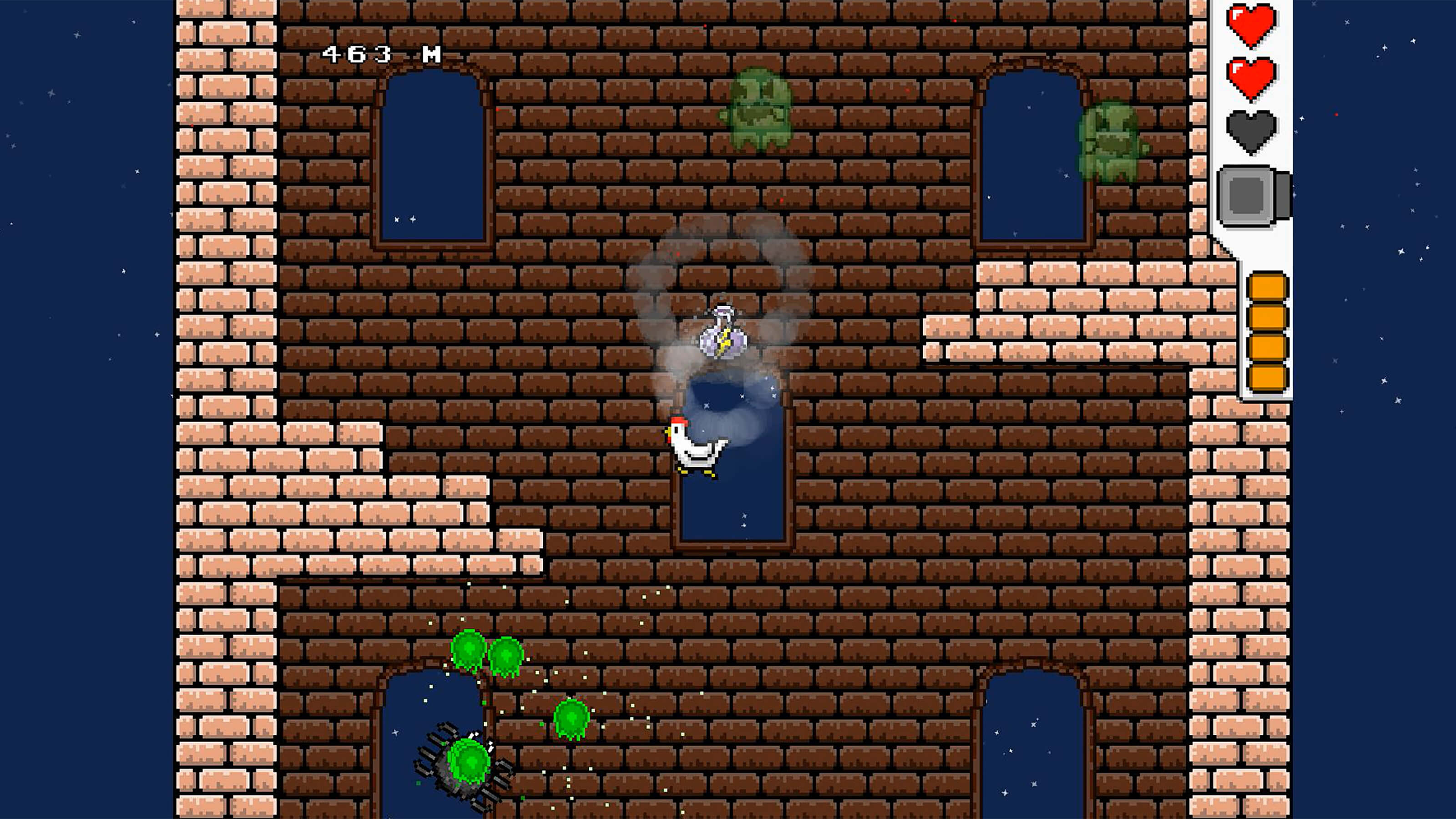 A chicken falls next to a magic potion and green ghosts in a large brown brick tower. 