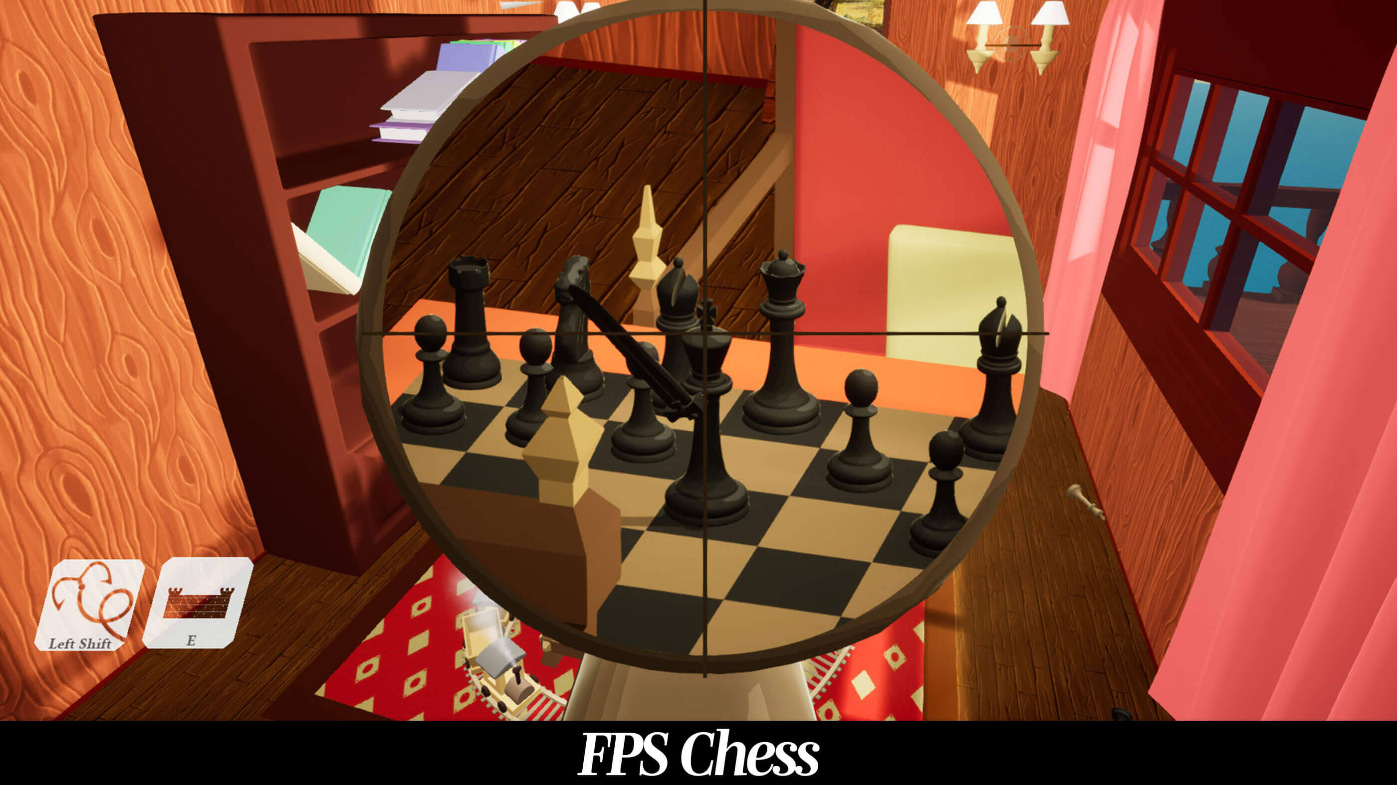 First-person view of a crosshair aiming at a chess piece on a chess board