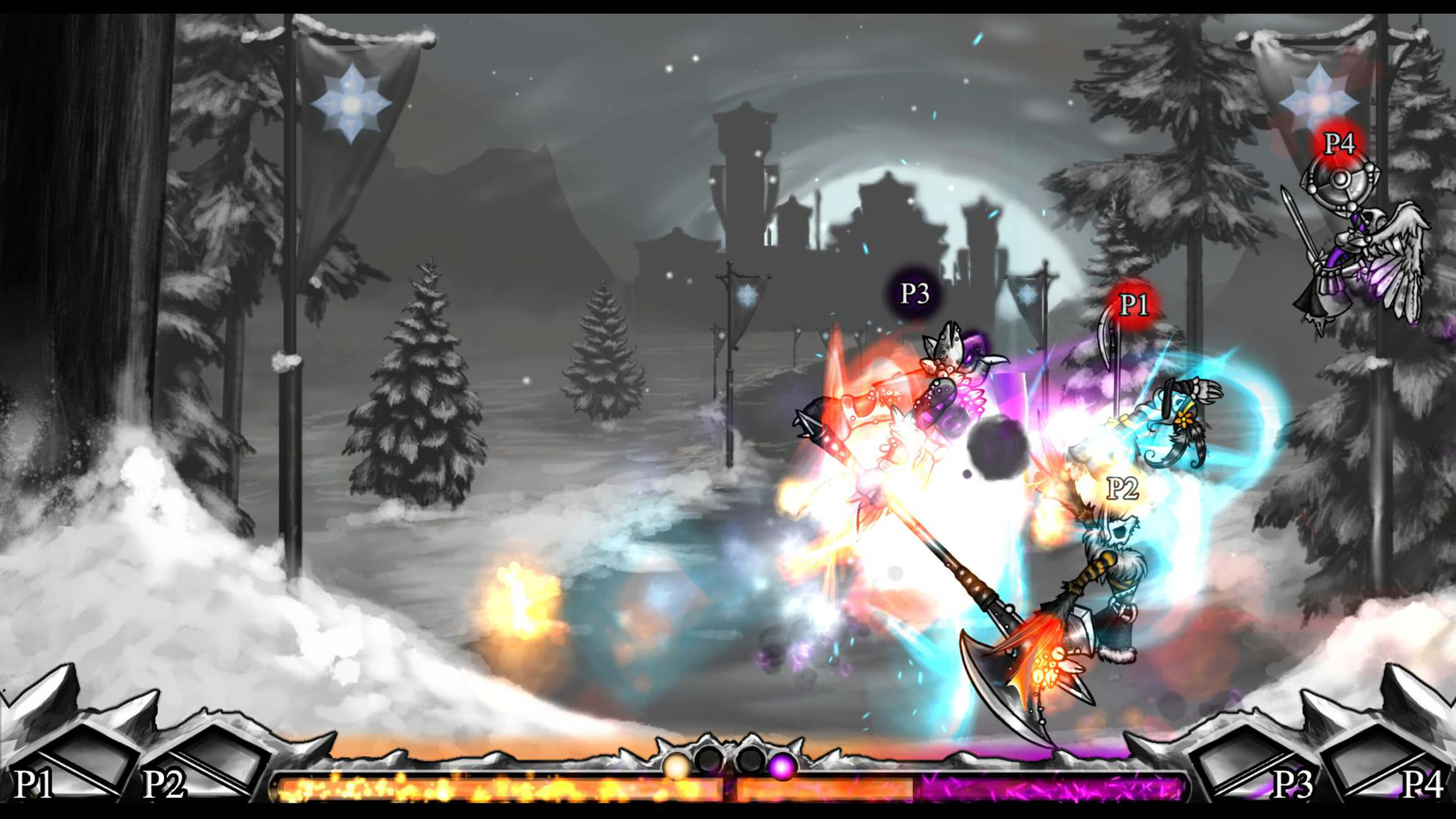 An axe-wielding fighter attacks two players at once in a snowy landscape.