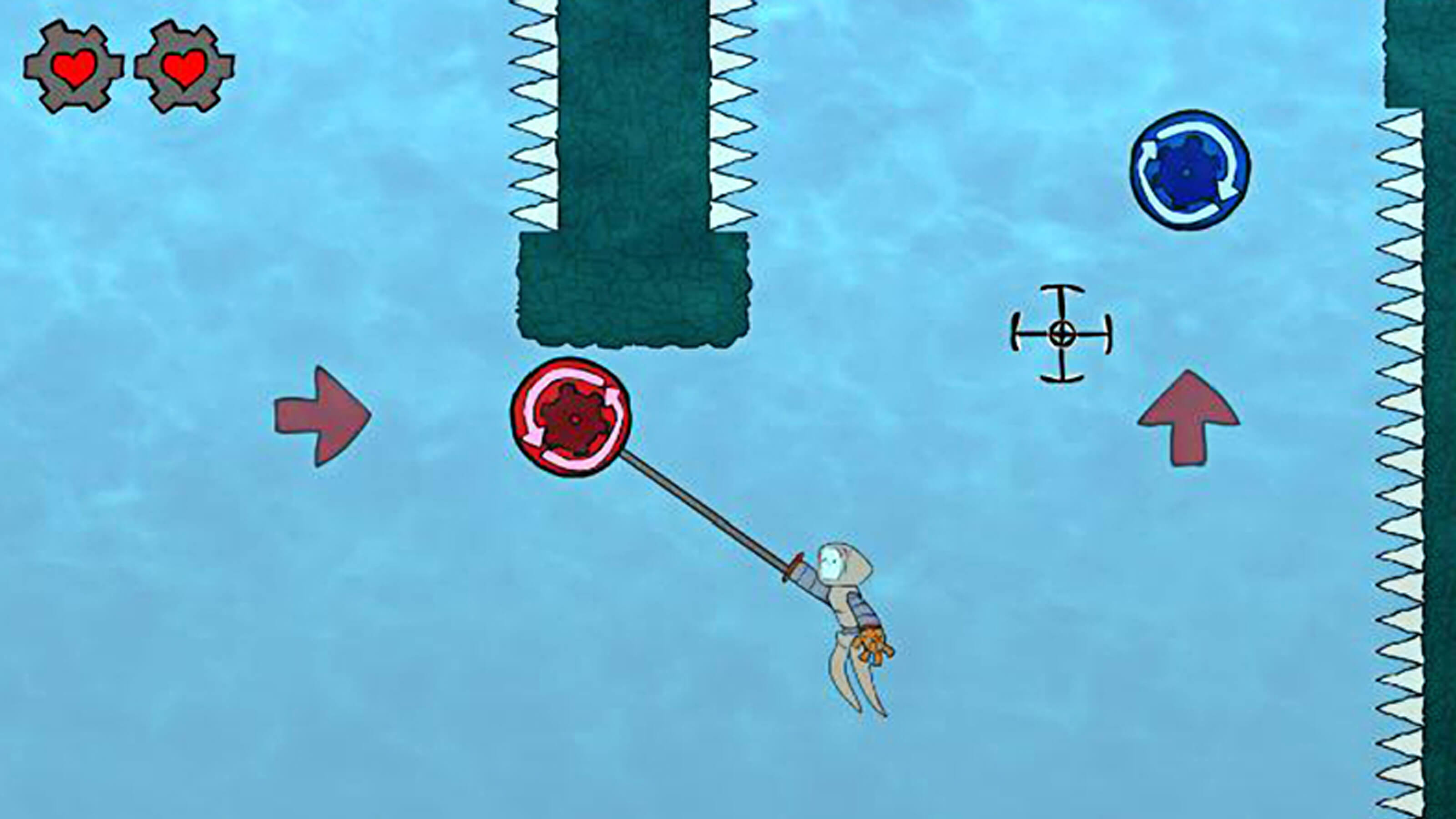 A robot-like character swings by an underwater cog with its extended gear hand.