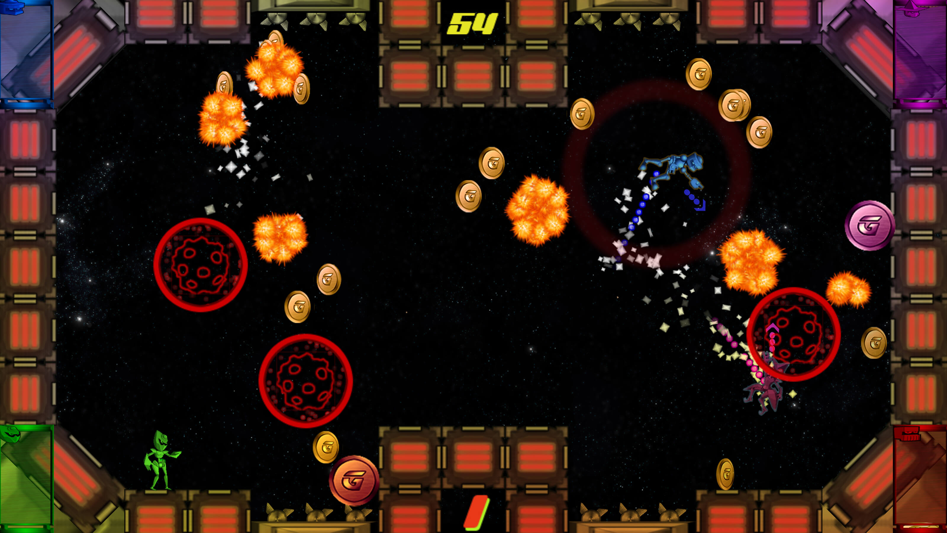 A green, blue, and pink robot duke it out in the arena, while explosions, coins and asteroids litter the screen.