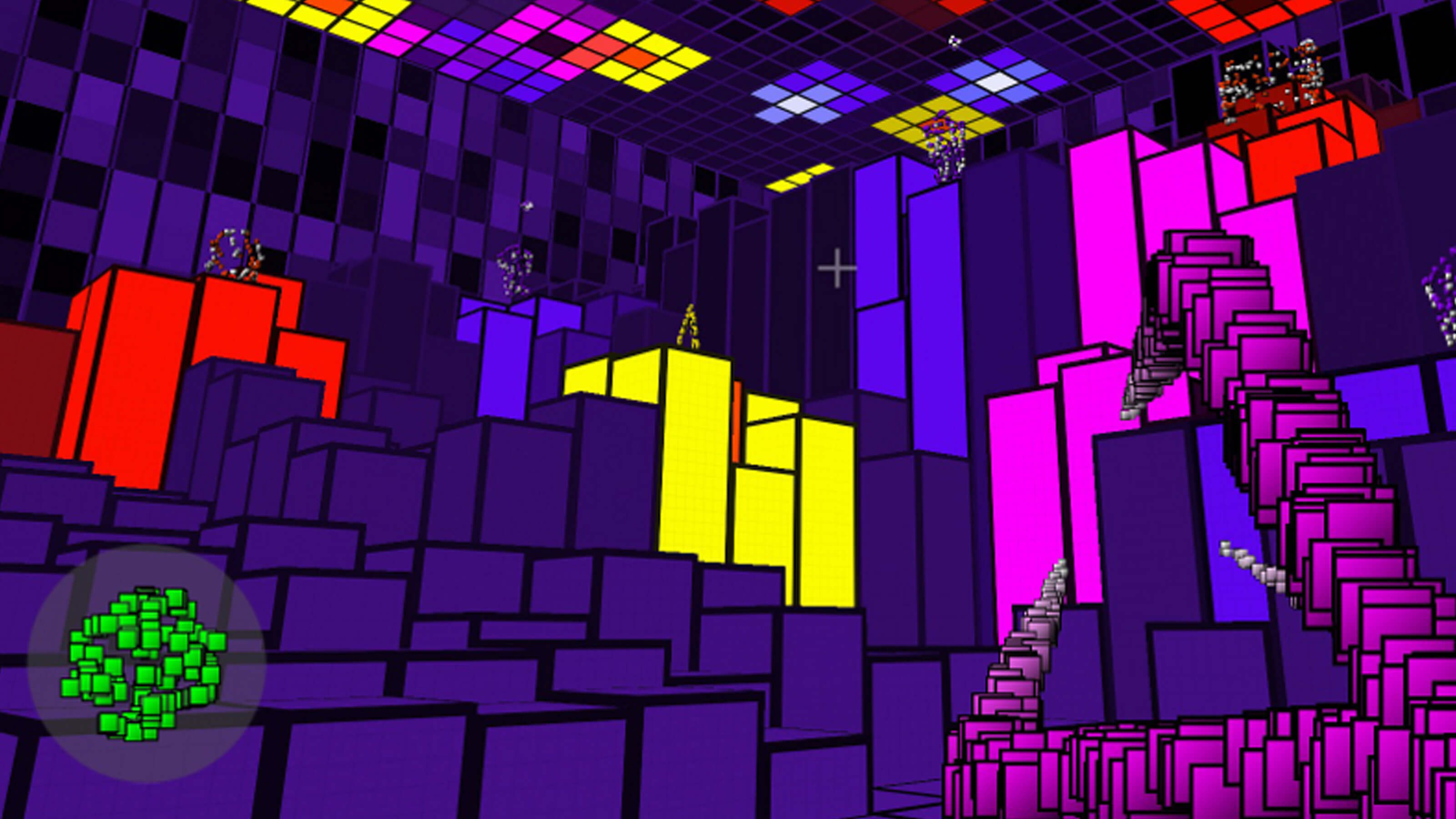 The player aims a claw-like weapon composed of hundreds of cascading purple squares