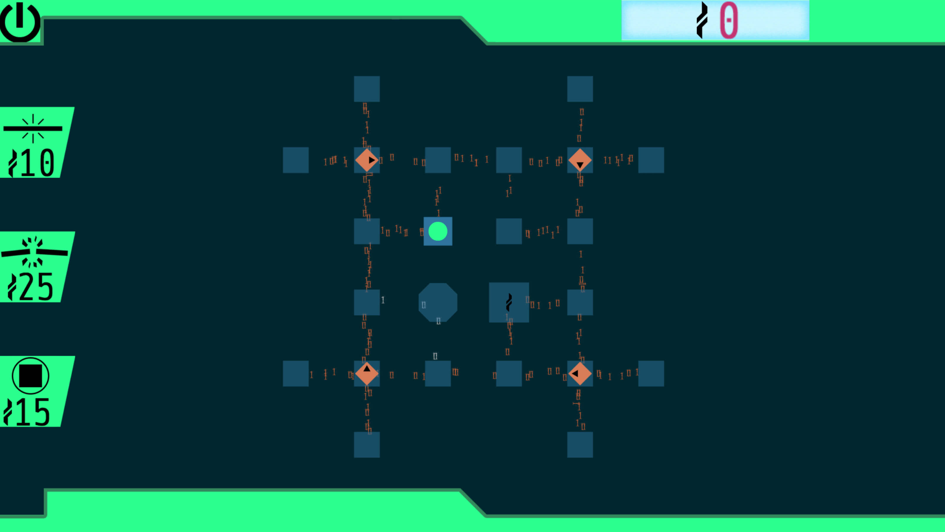 A blue grid of squares with code flowing between them, a green circle and four orange diamonds. 