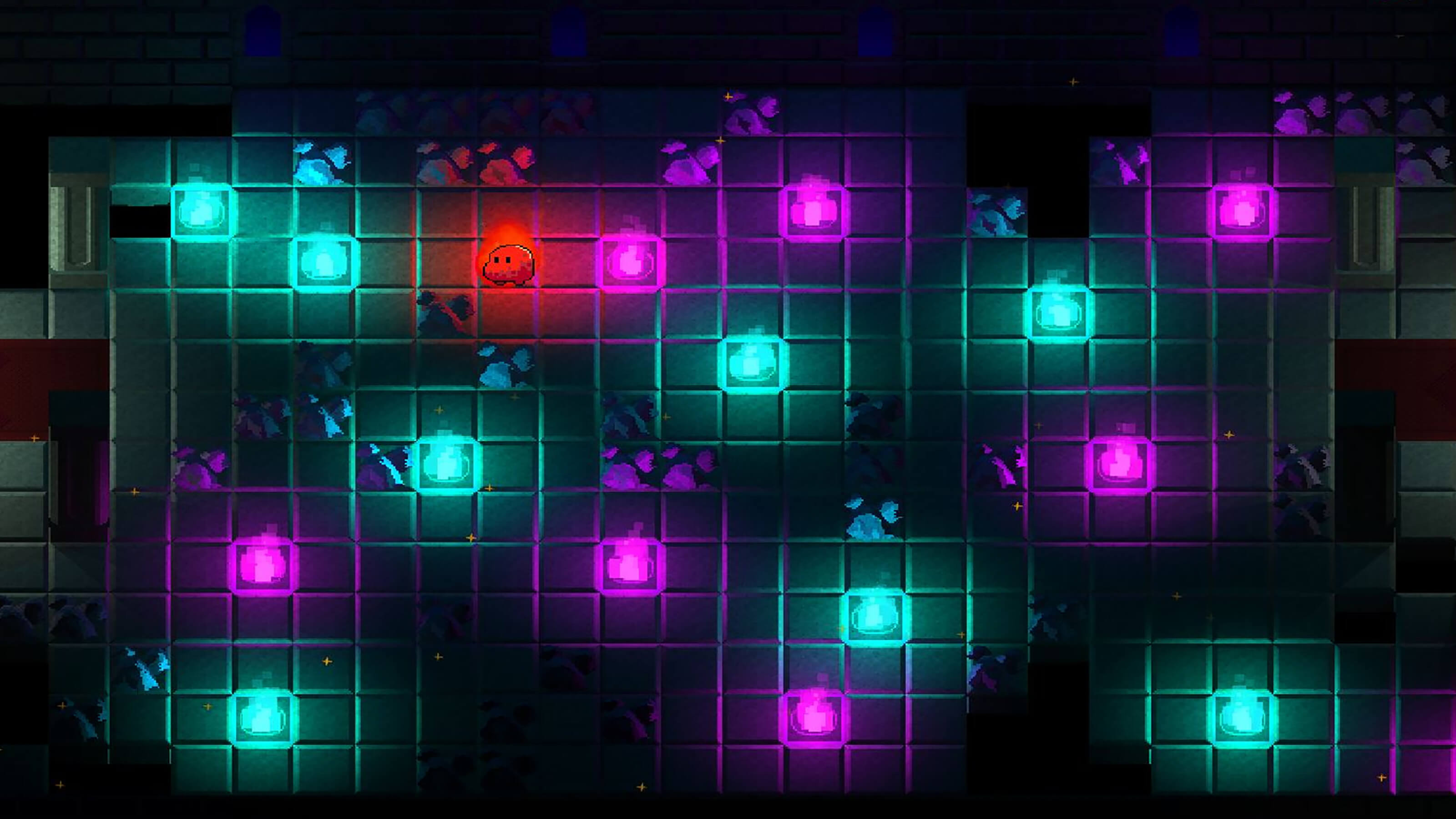 A red flame gooey stands next to turquoise and purple lanterns in a gridded room.