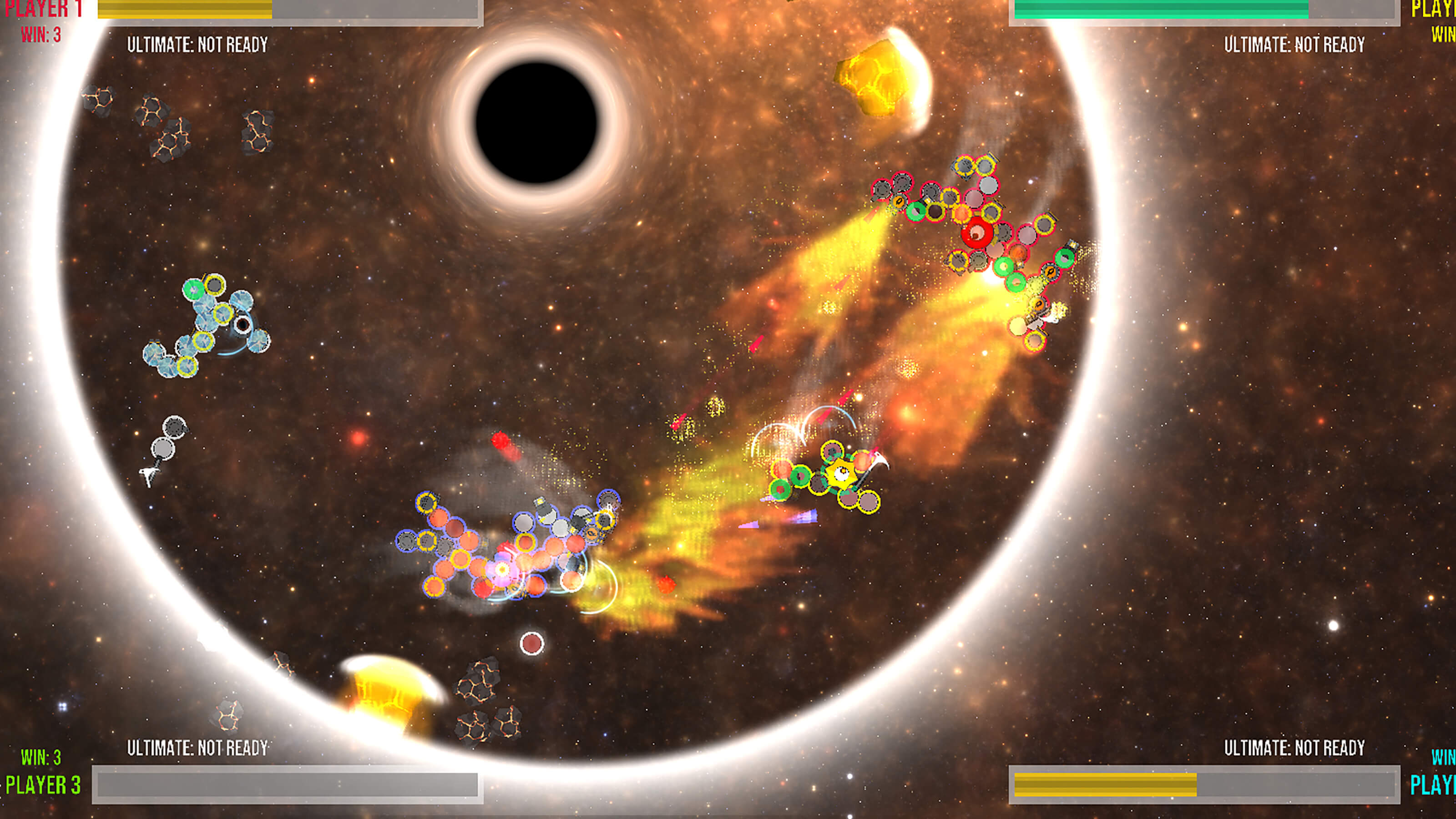 A group of "I" creatures battle each other in space with the giant defense and weapon attachments they've accumulated.