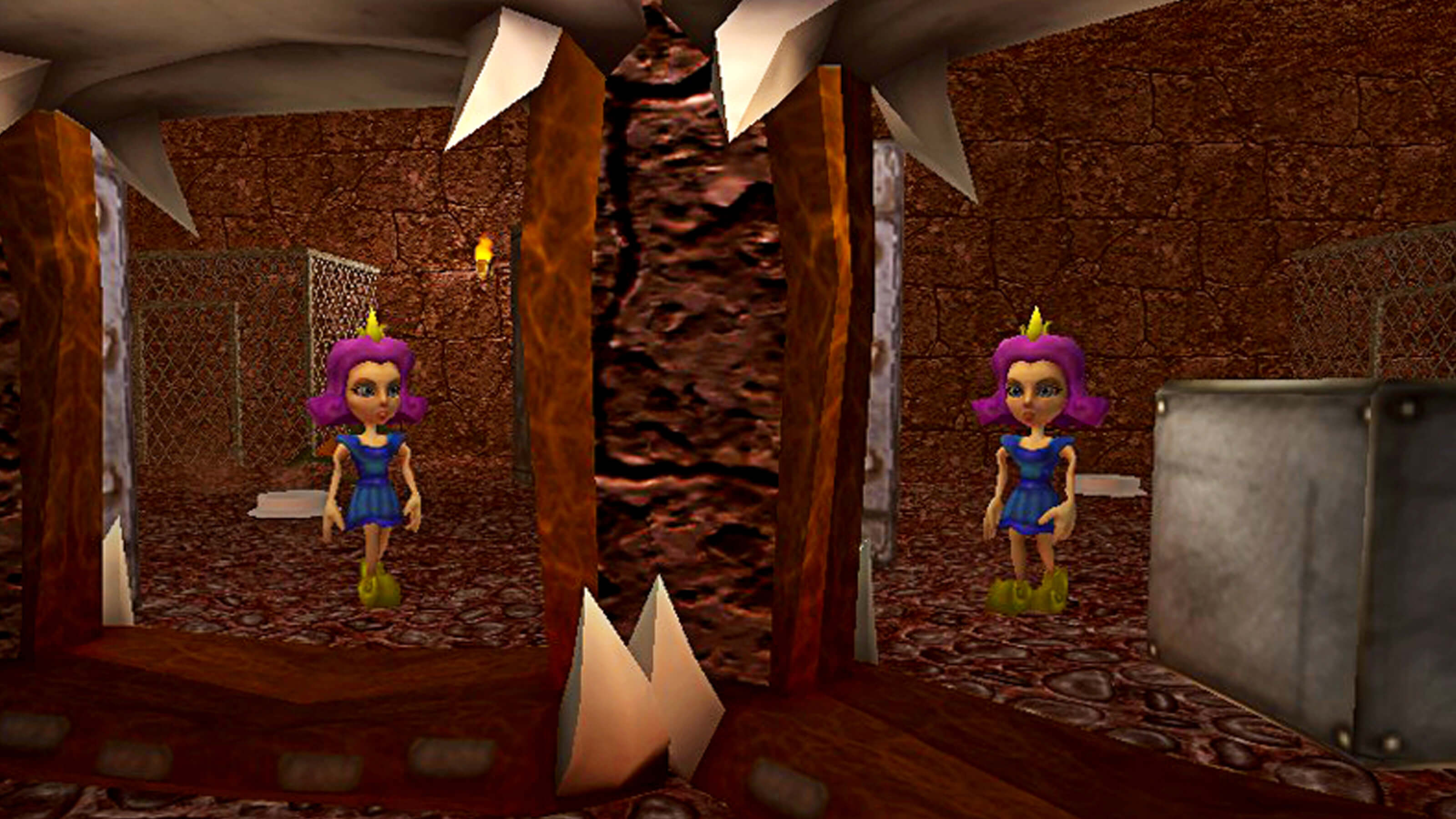 Princess No-Knees stands in front of a dungeon portal and sees a duplicate of herself.