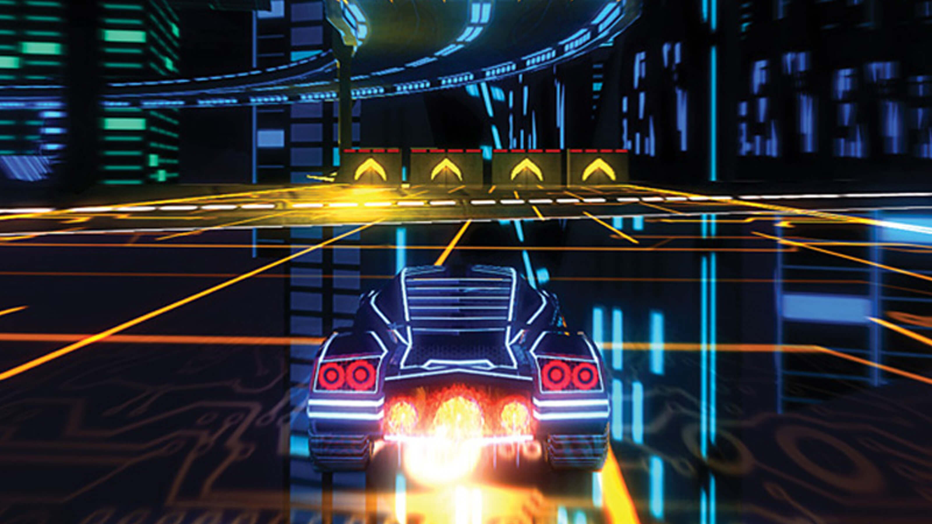 A glowing car with jet-boosters races through a futuristic roadway.