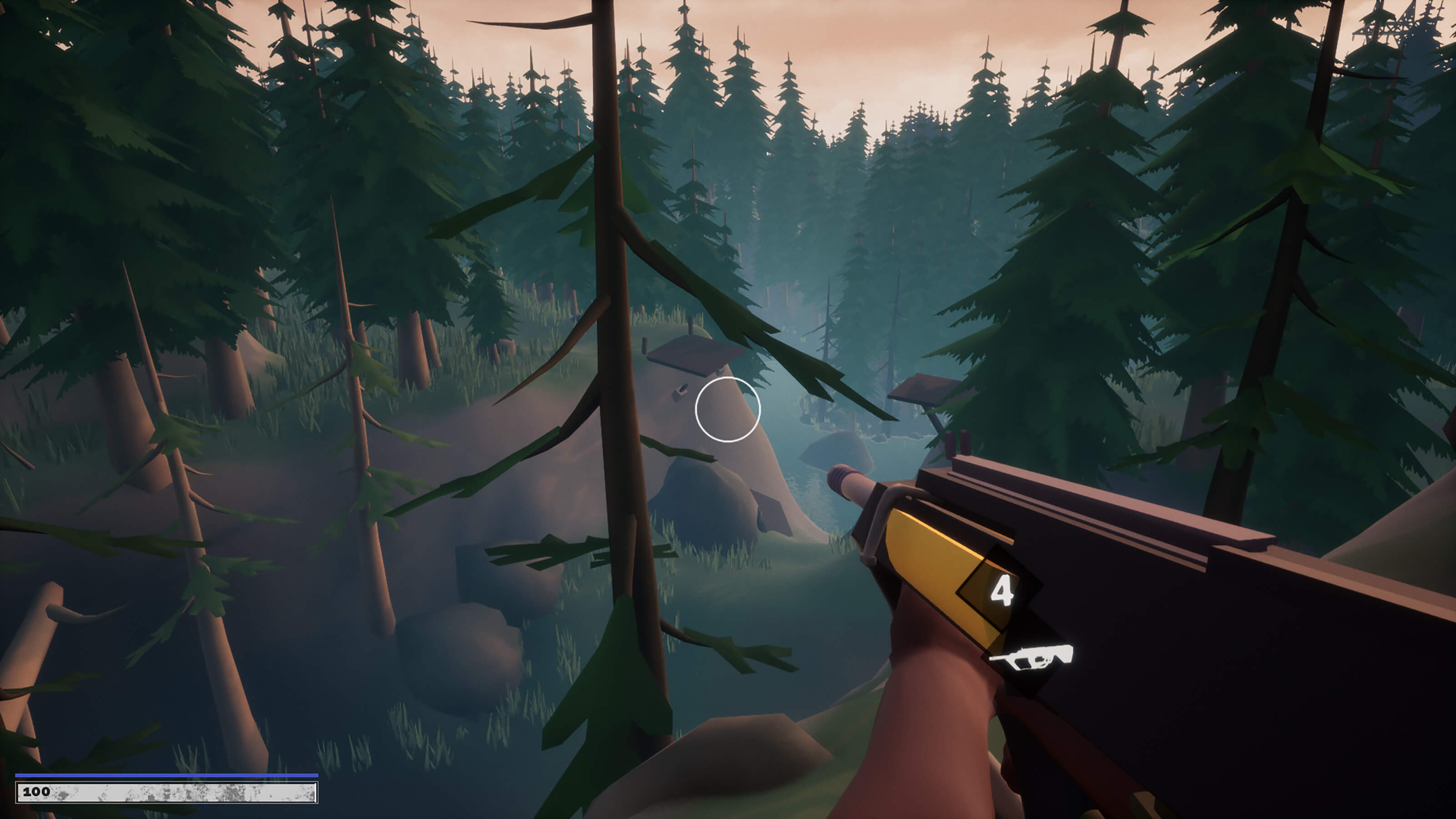 The player holds a shotgun as they look out over a forested ravine. 
