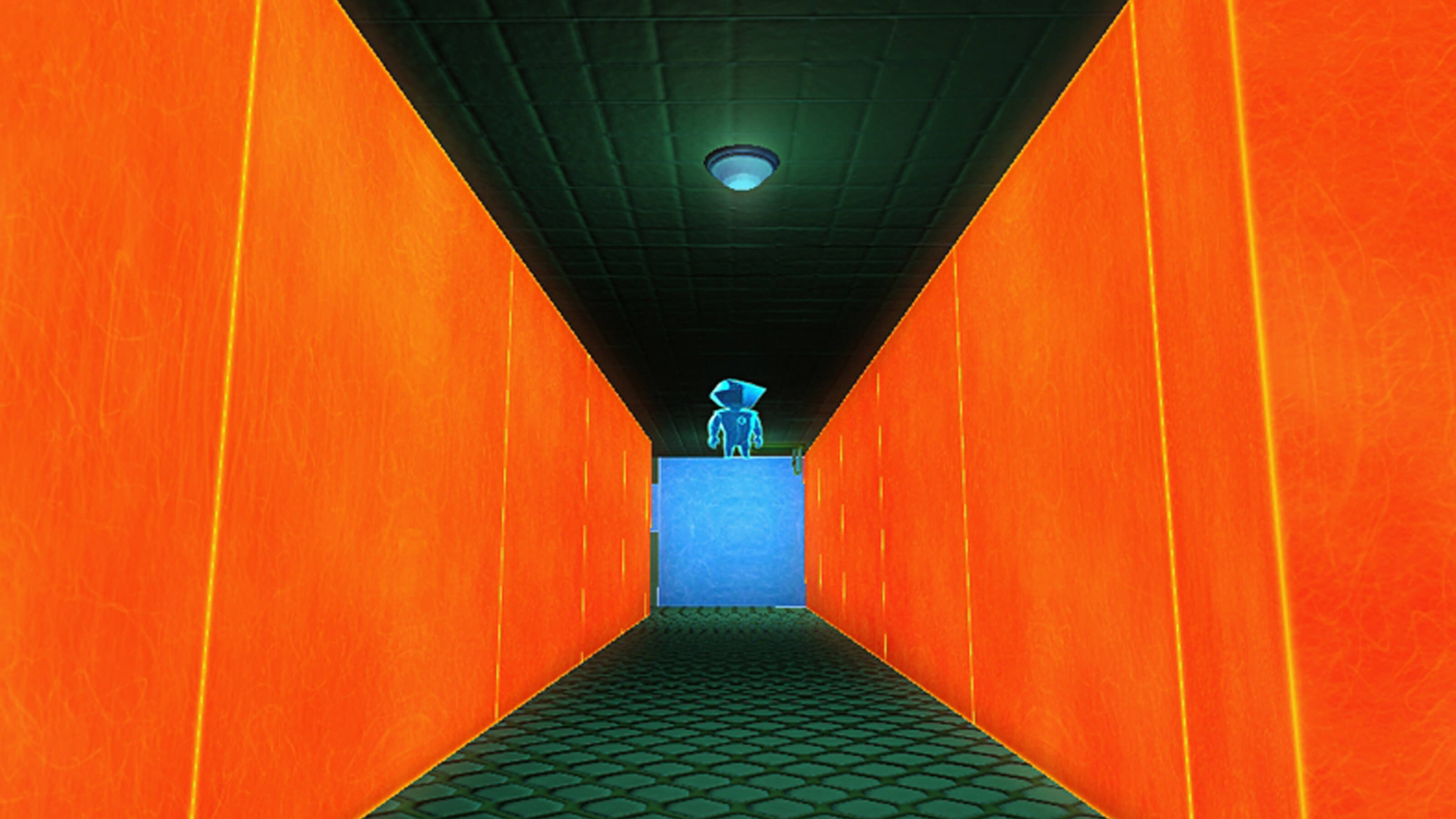 The player's blue avatar stands atop a blue block surrounded by orange walls